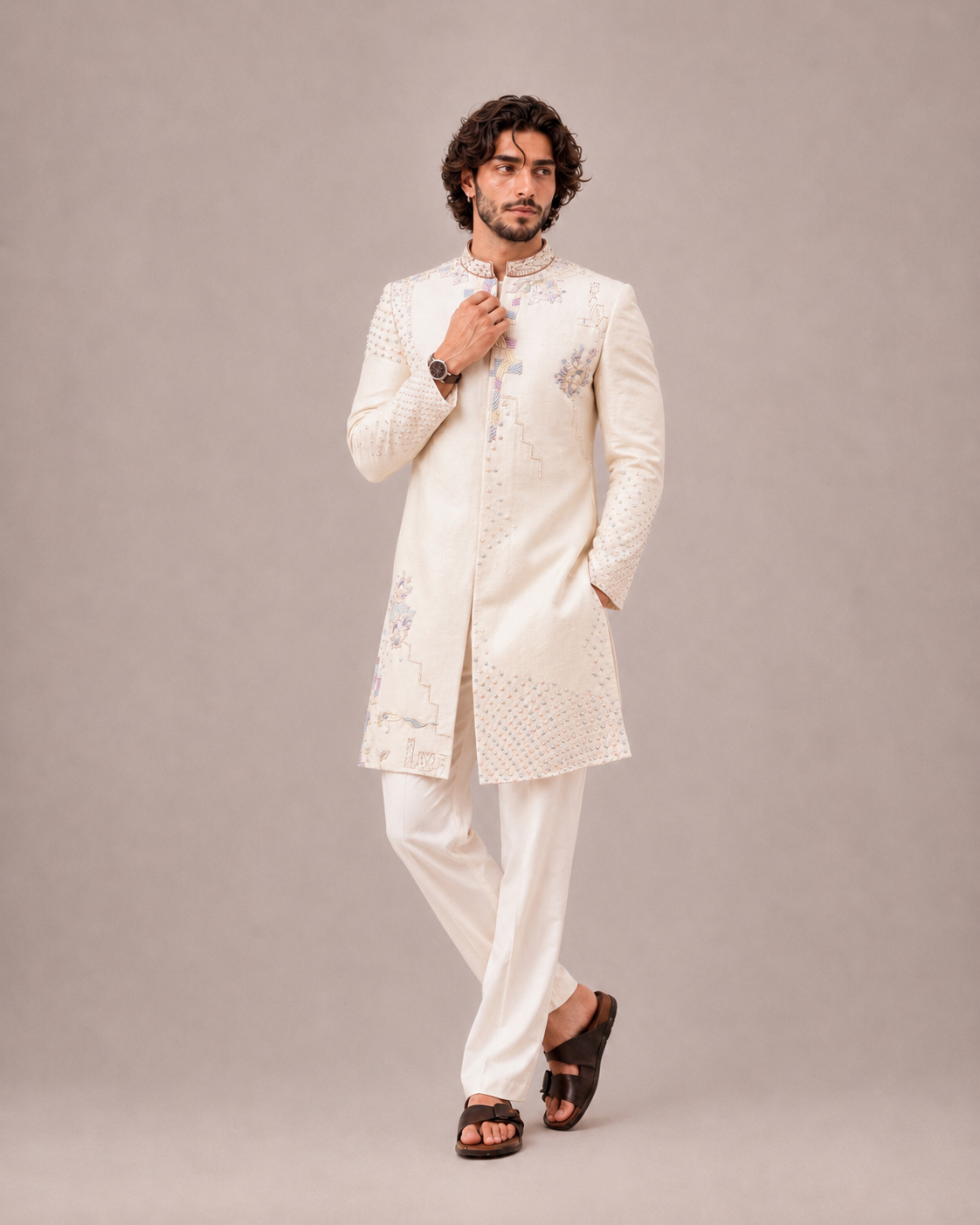 Cream Silk Sherwani and Dupatta with Hand Work