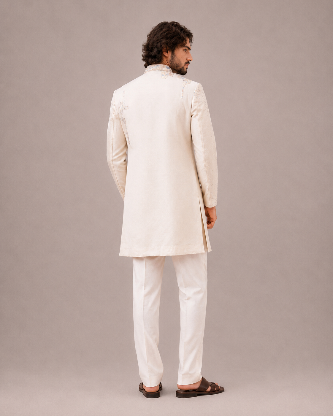 Cream Silk Sherwani and Dupatta with Hand Work