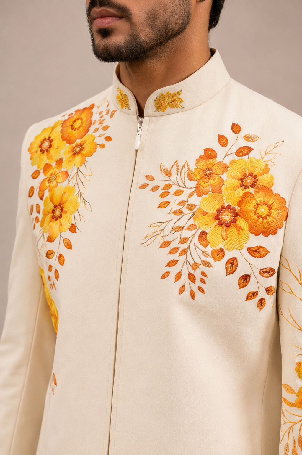 Cream Silk Suit with Bross Print and Embroidery Work
