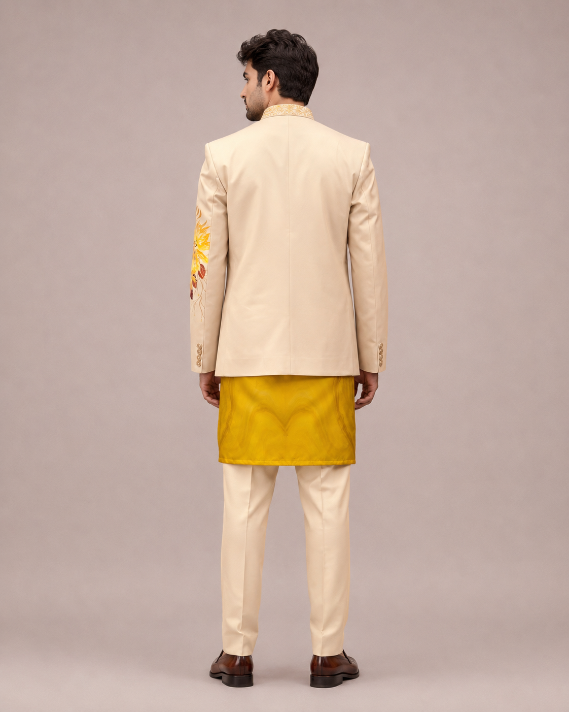 Cream Silk Suit with Bross Print and Embroidery Work