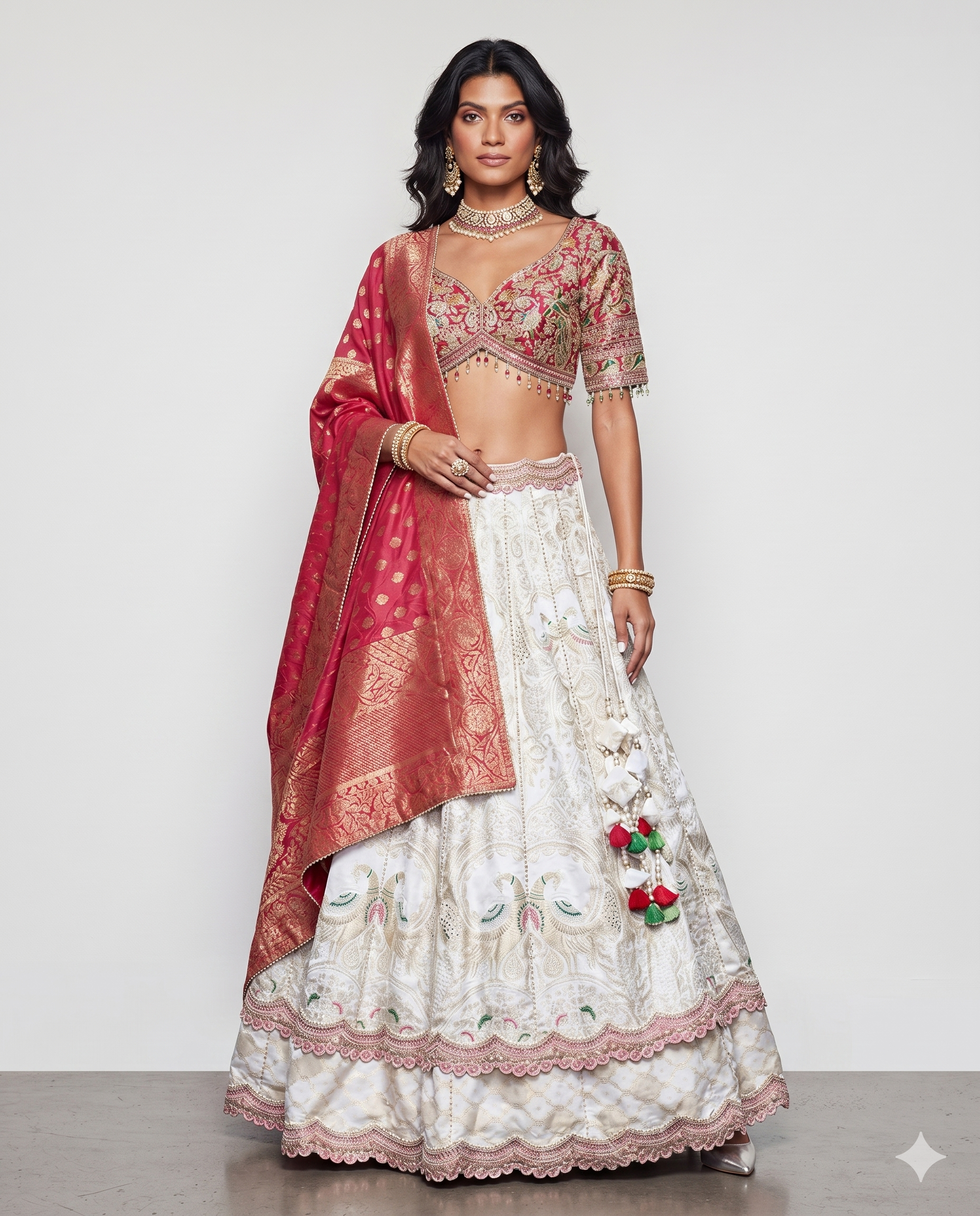 Cream and Rani Banarasi Silk Choli with Resham Sequins and Mirror Work