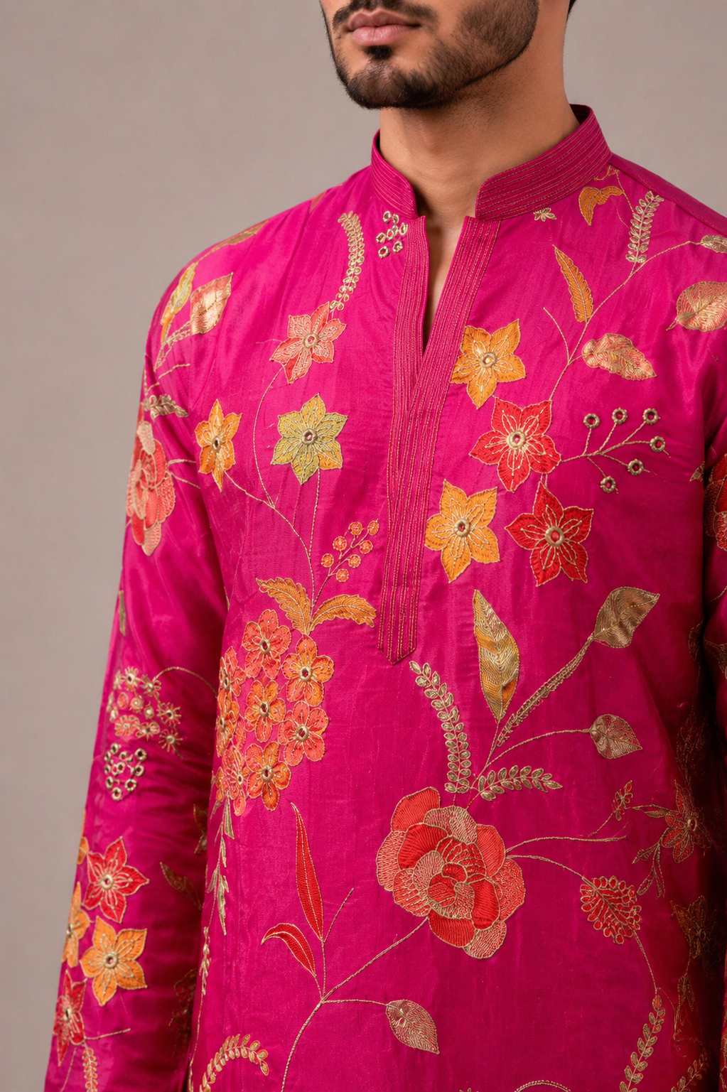 Rani Silk Kurta Set with Machine Embroidery Work