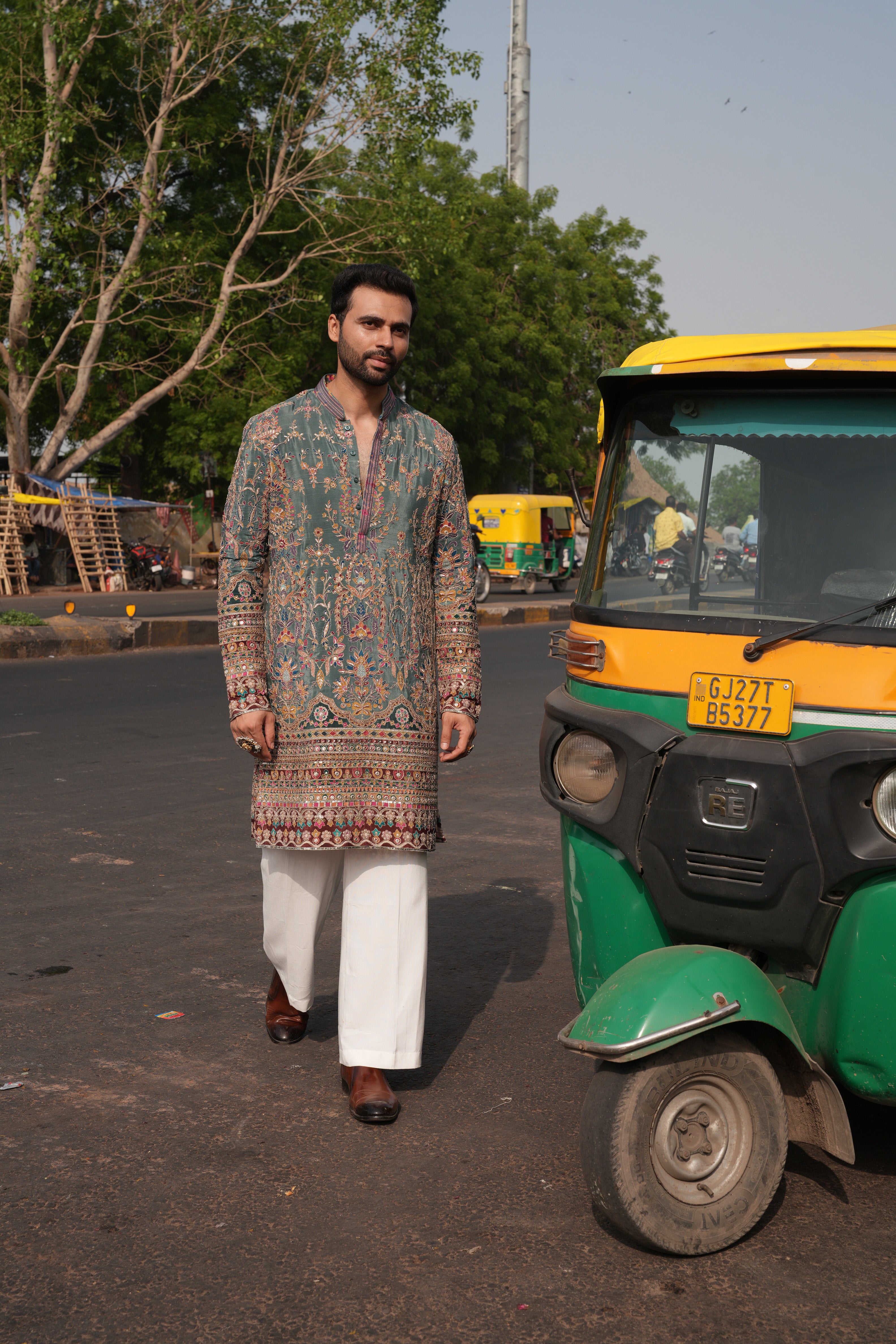 Sage Green Tissue Silk Kurta with Aari Resham Sequence Work