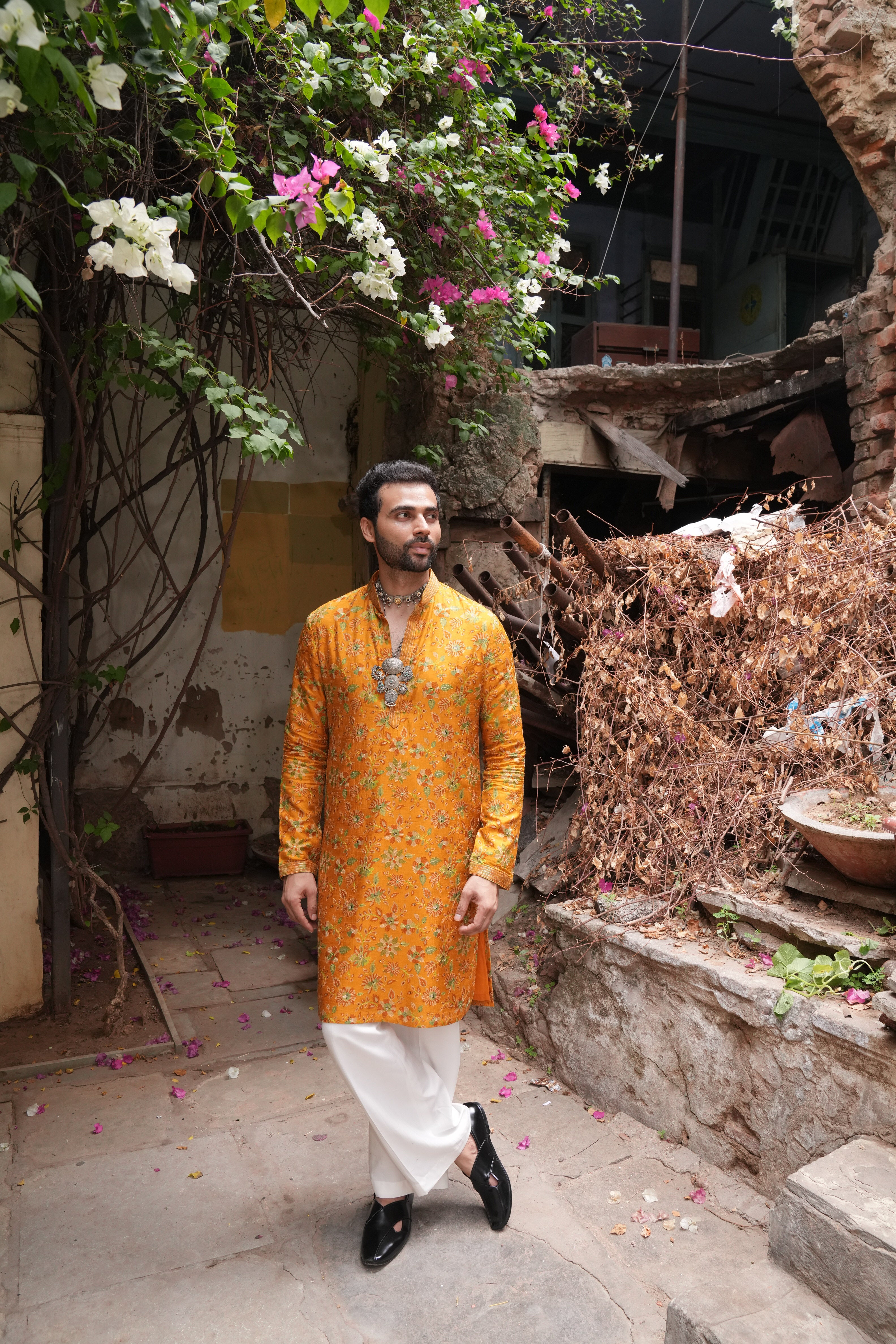 Mustard Yellow Silk Kurta with Thread Sequins Embroidery (S) 36 Mustard