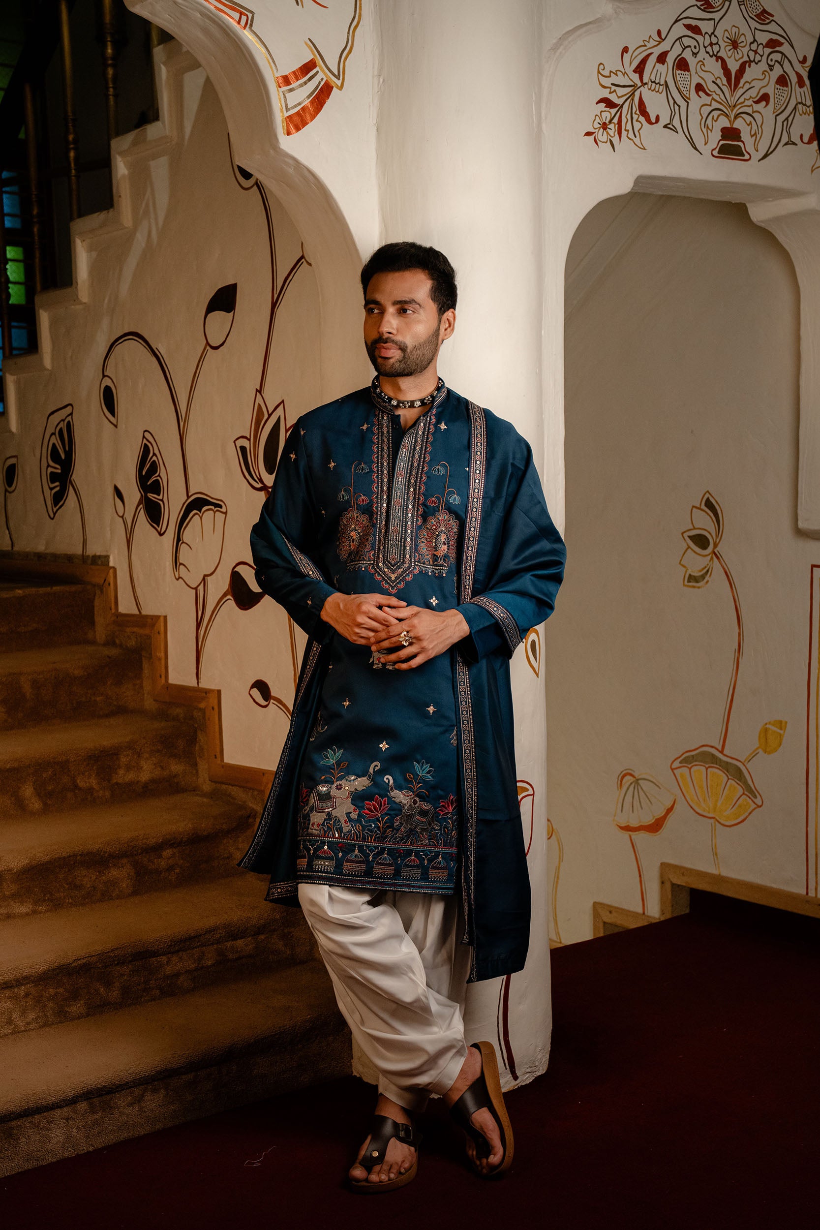 Teal Blue Kurta with Resham, Thread, Sequence Work