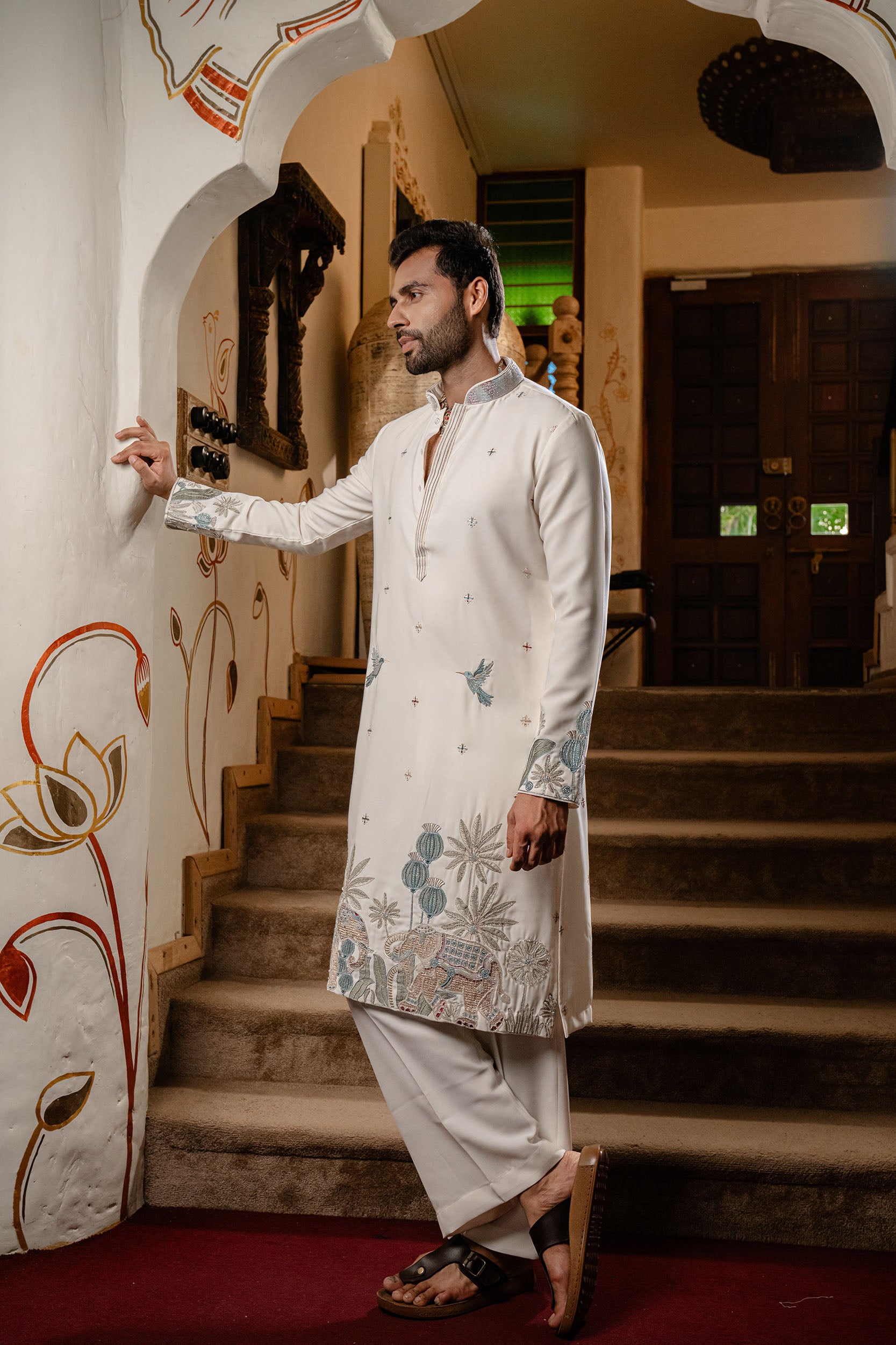 Snow White Korean Silk Kurta with Bead, Sequence & Resham Work