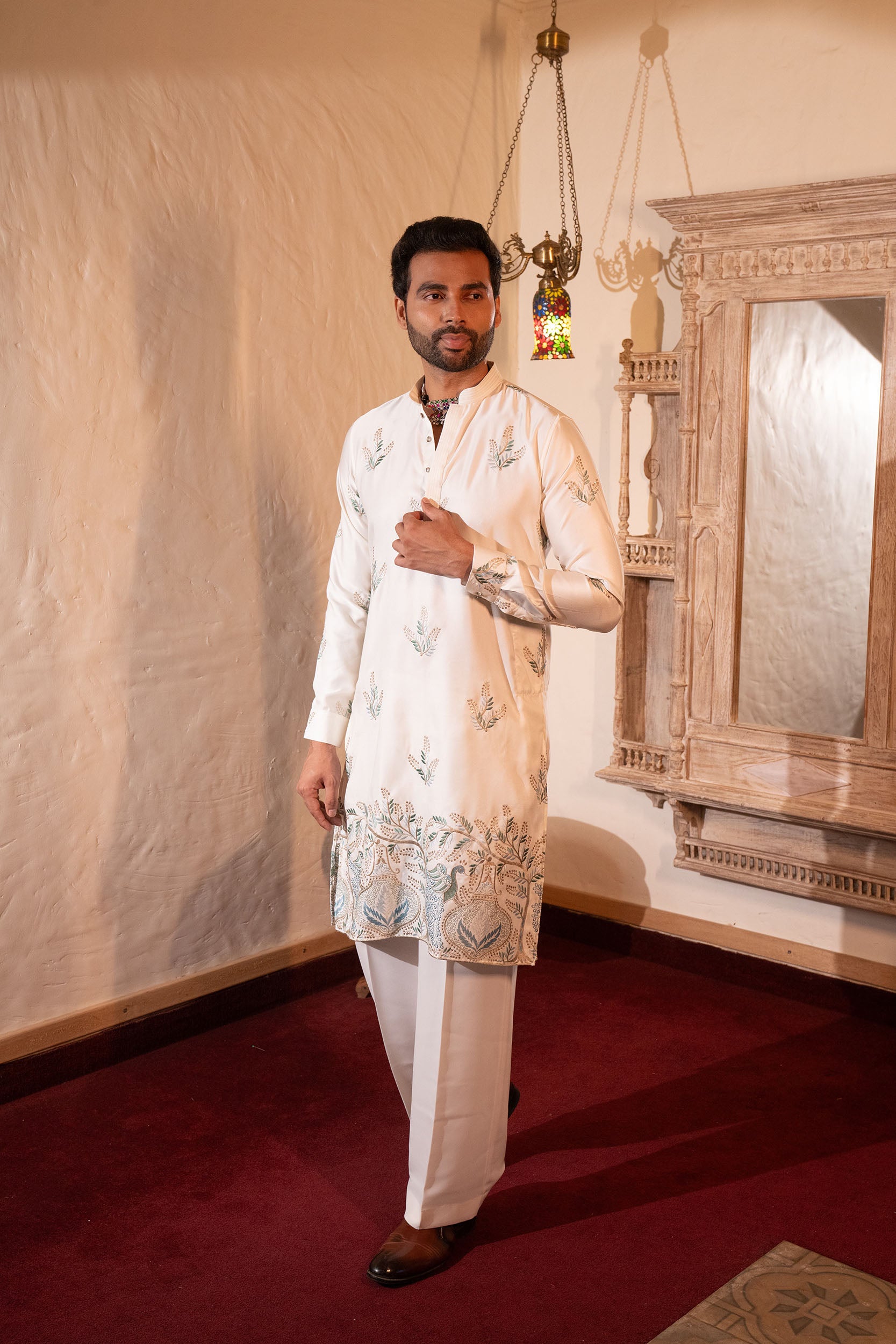 Ivory Art Silk Kurta with Resham and Kasab Work