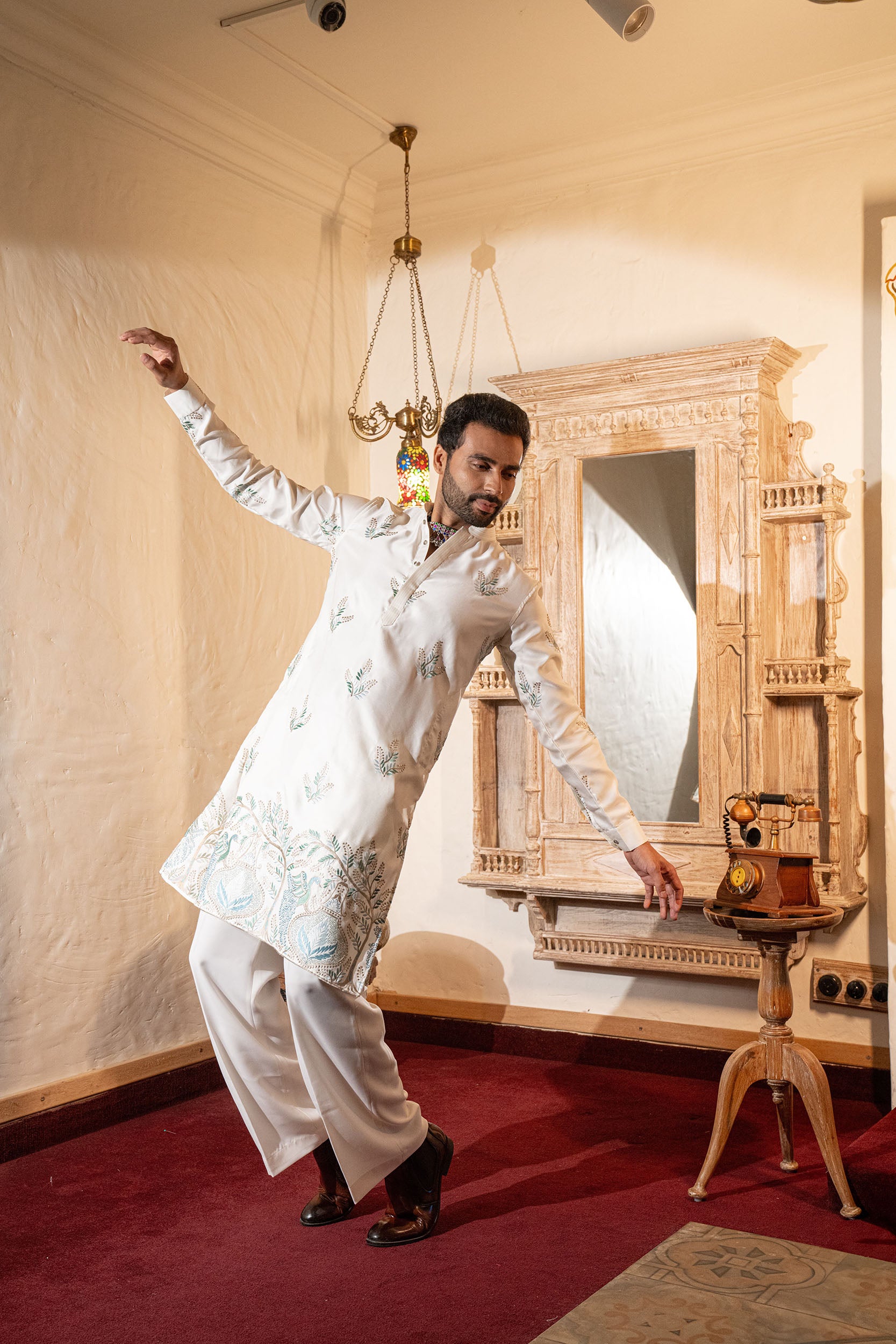 Ivory Art Silk Kurta with Resham and Kasab Work