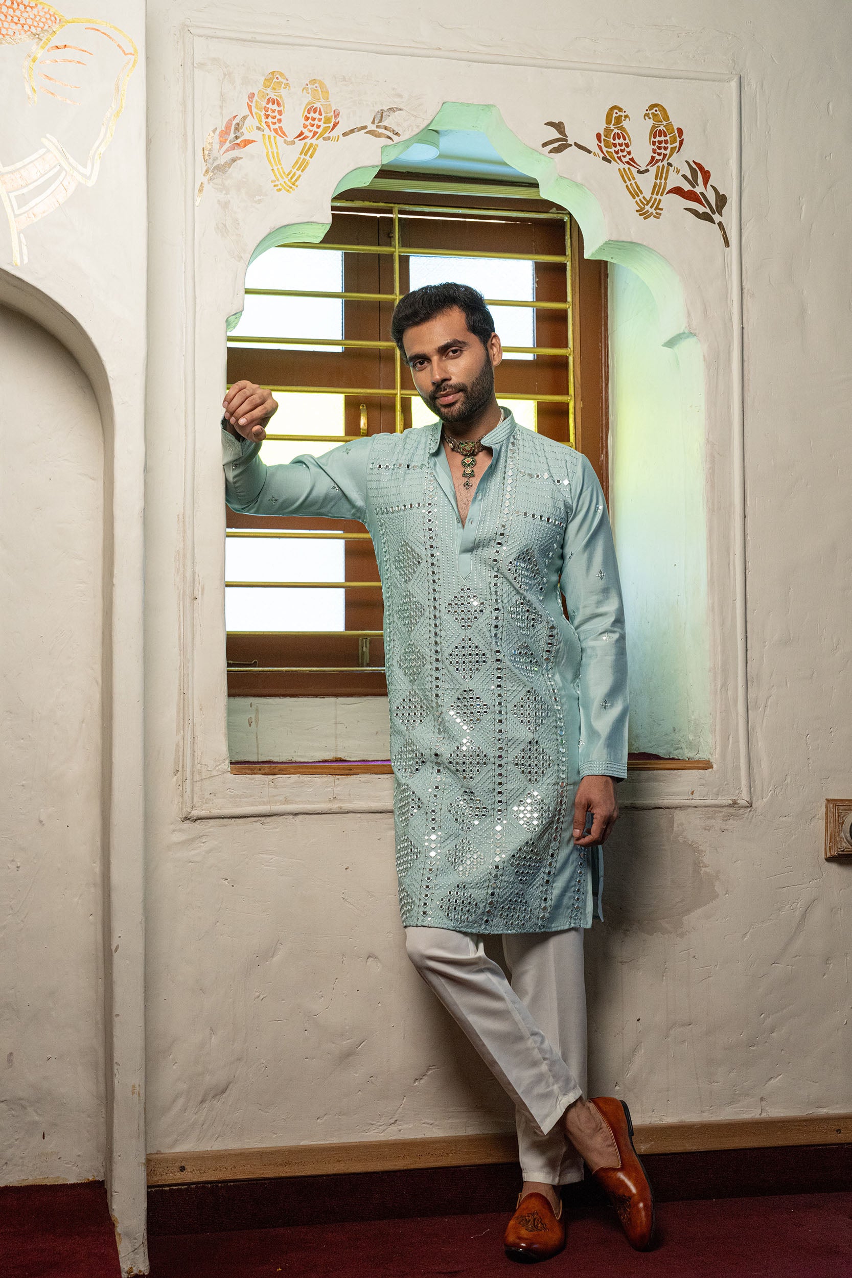 Ice Blue Kurta Set with Mirror and Resham Work