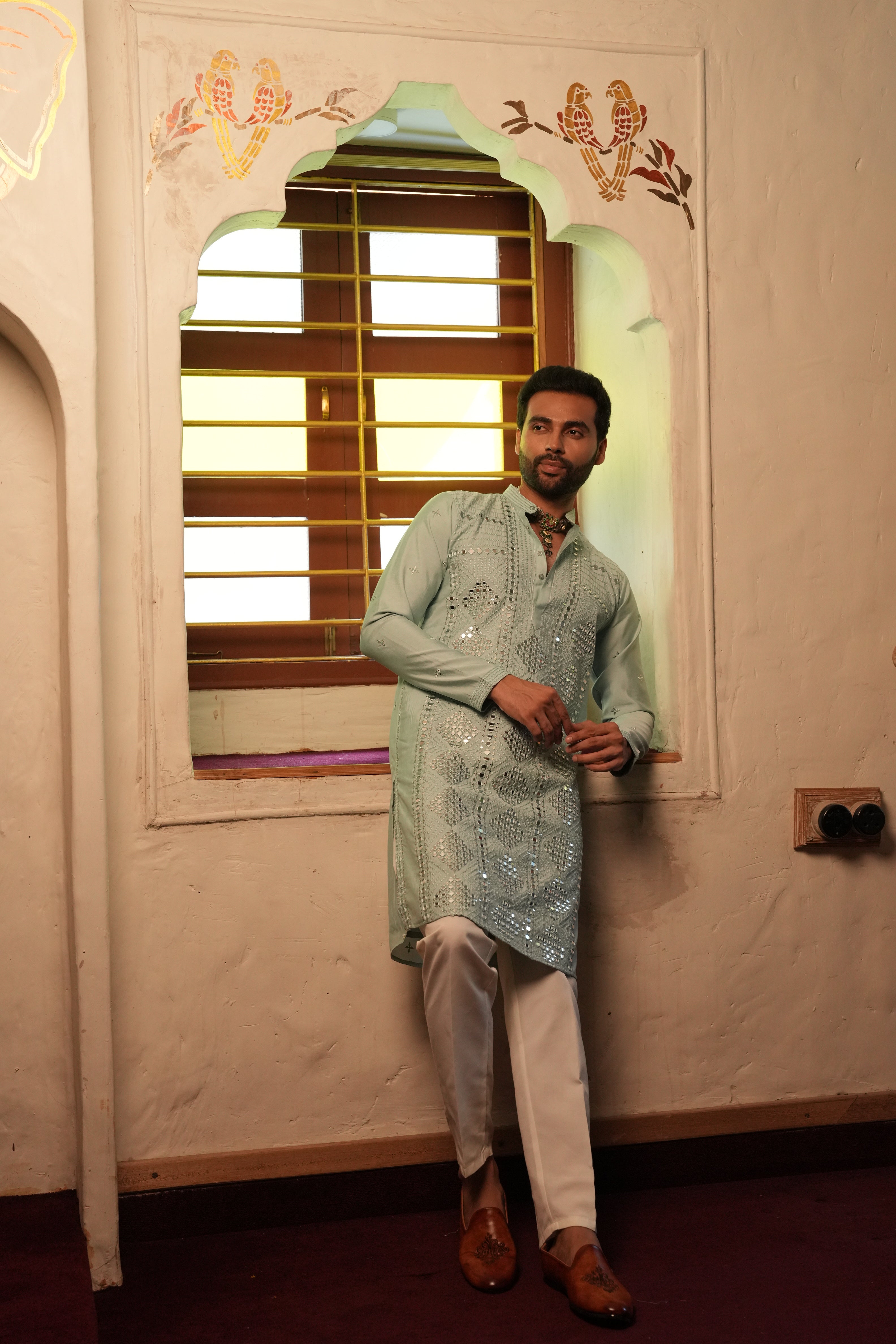Ice Blue Kurta Set with Mirror and Resham Work