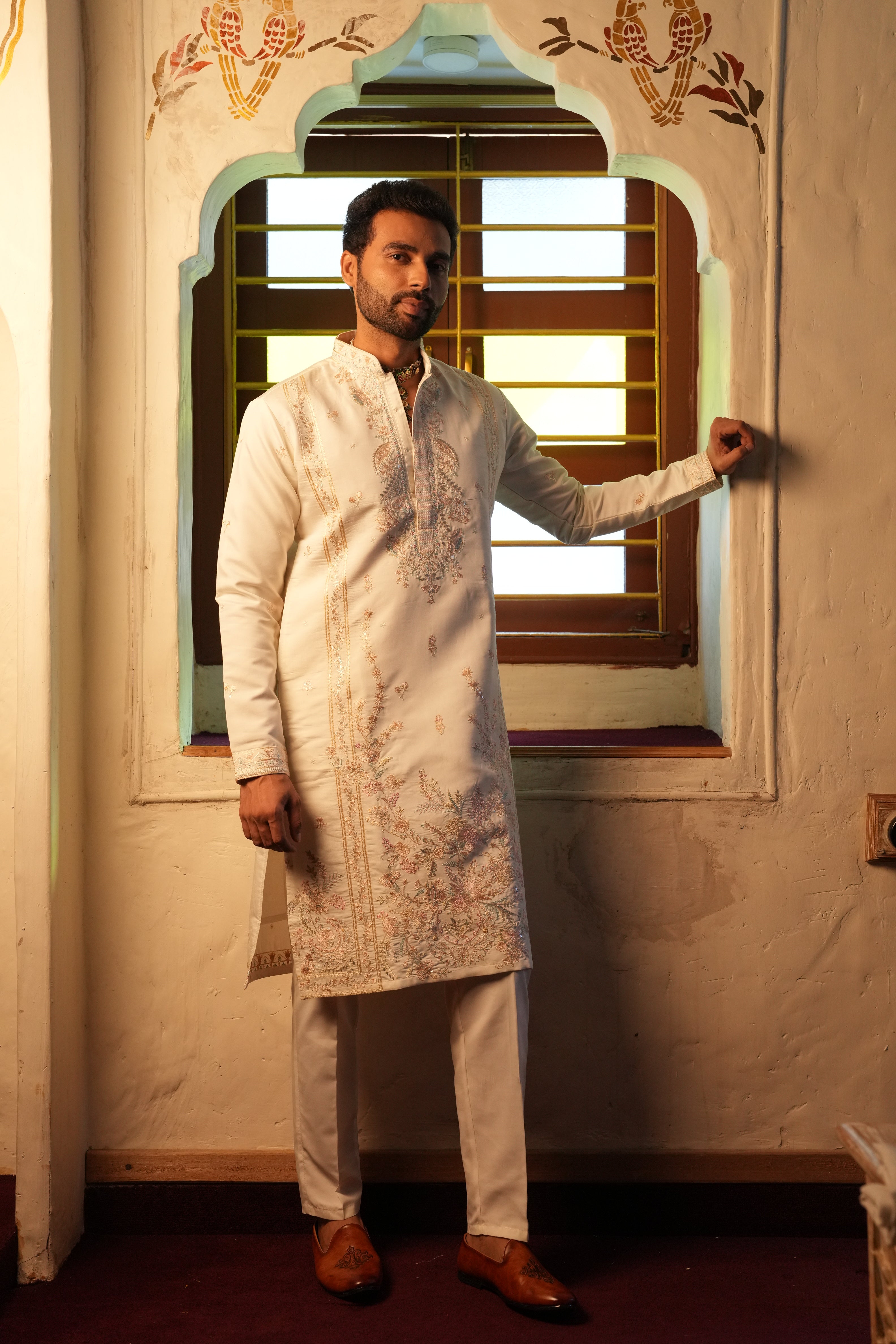 Ivory Multicolour Art Silk Kurta with Multicolour Resham Work