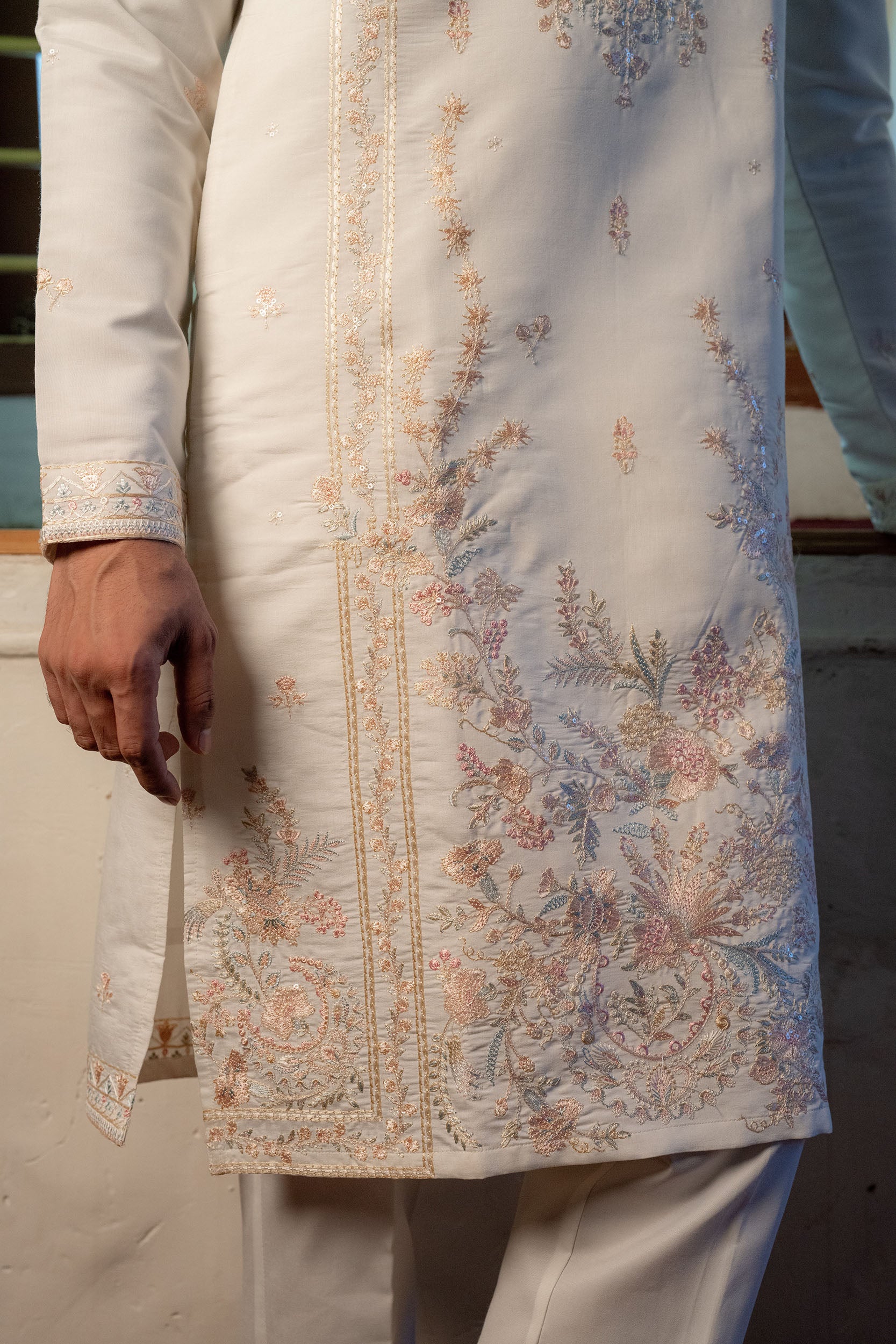 Ivory Multicolour Art Silk Kurta with Multicolour Resham Work