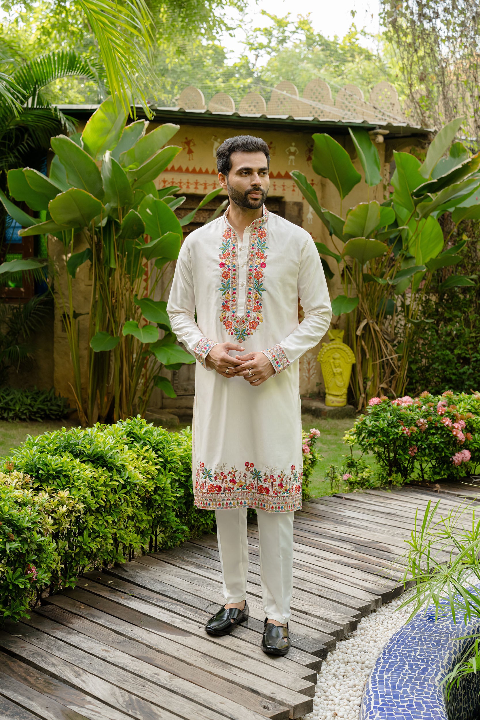 Ivory Pure Silk Kurta with Multicolour Resham & Sequins Work