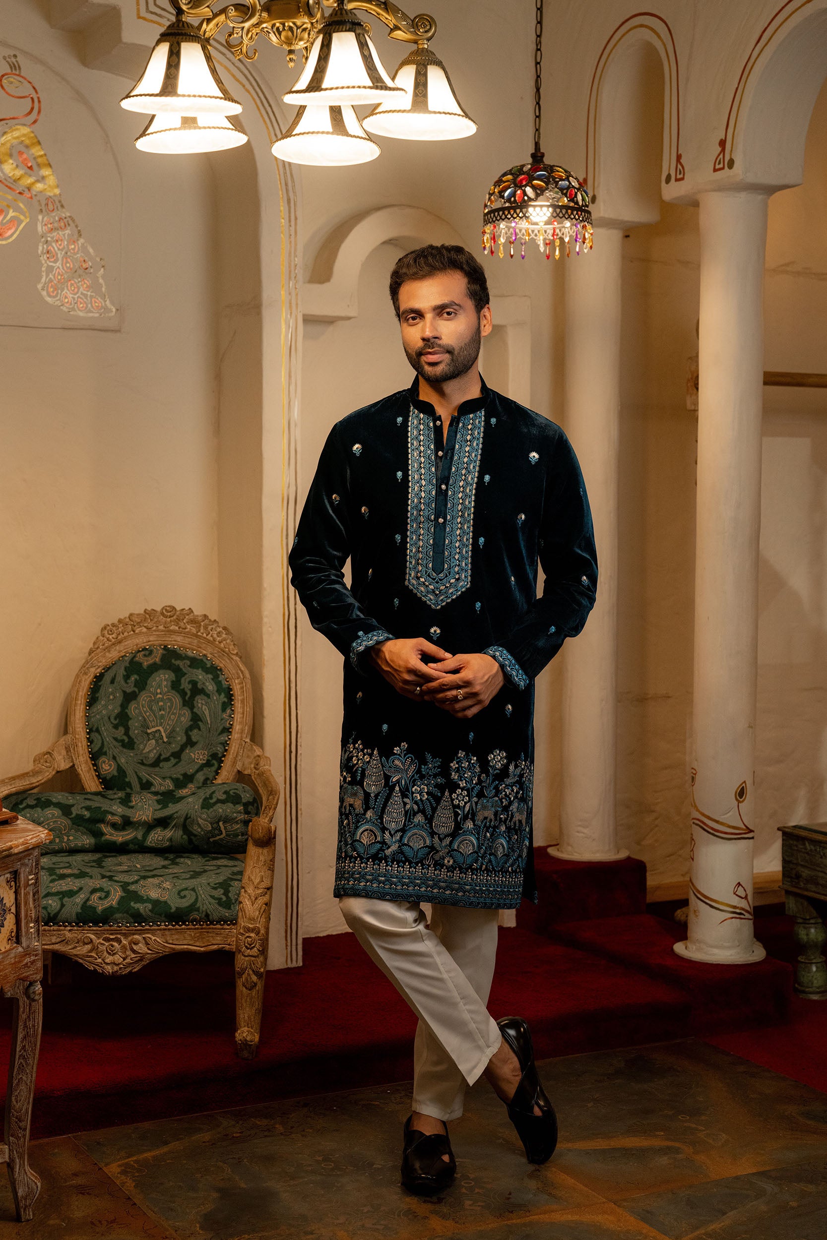 Teal Blue Velvet Kurta with Resham & Sequence Embroidery Work