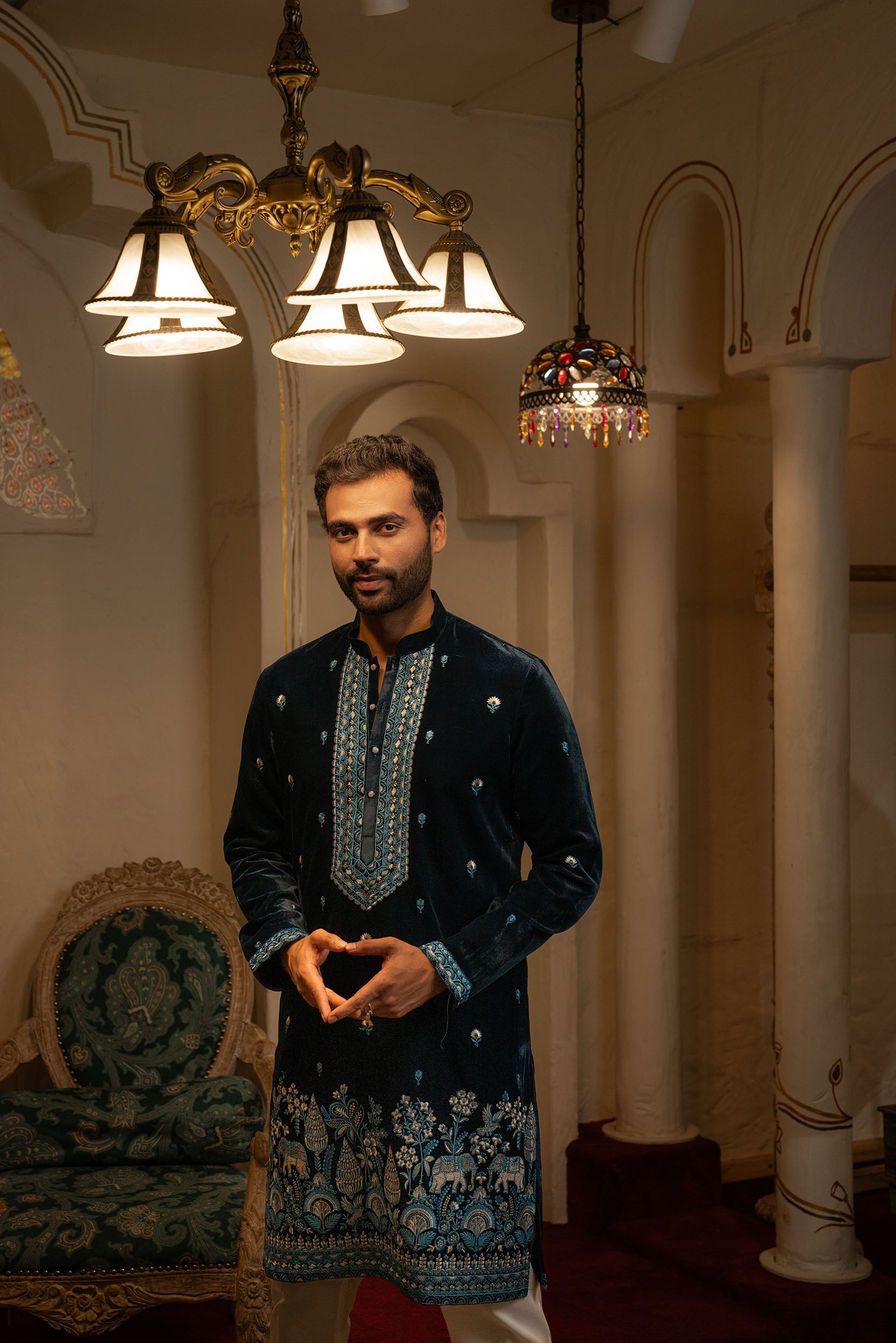 Teal Blue Velvet Kurta with Resham & Sequence Embroidery Work