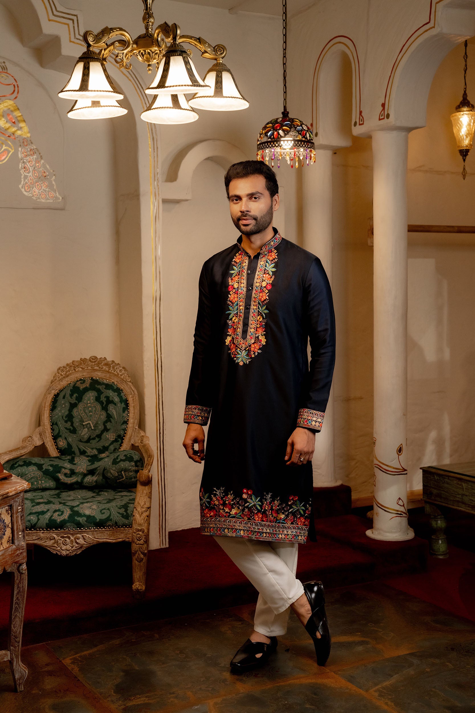 Navy Blue Kurta Set with Multicolor Resham & Sequence Work