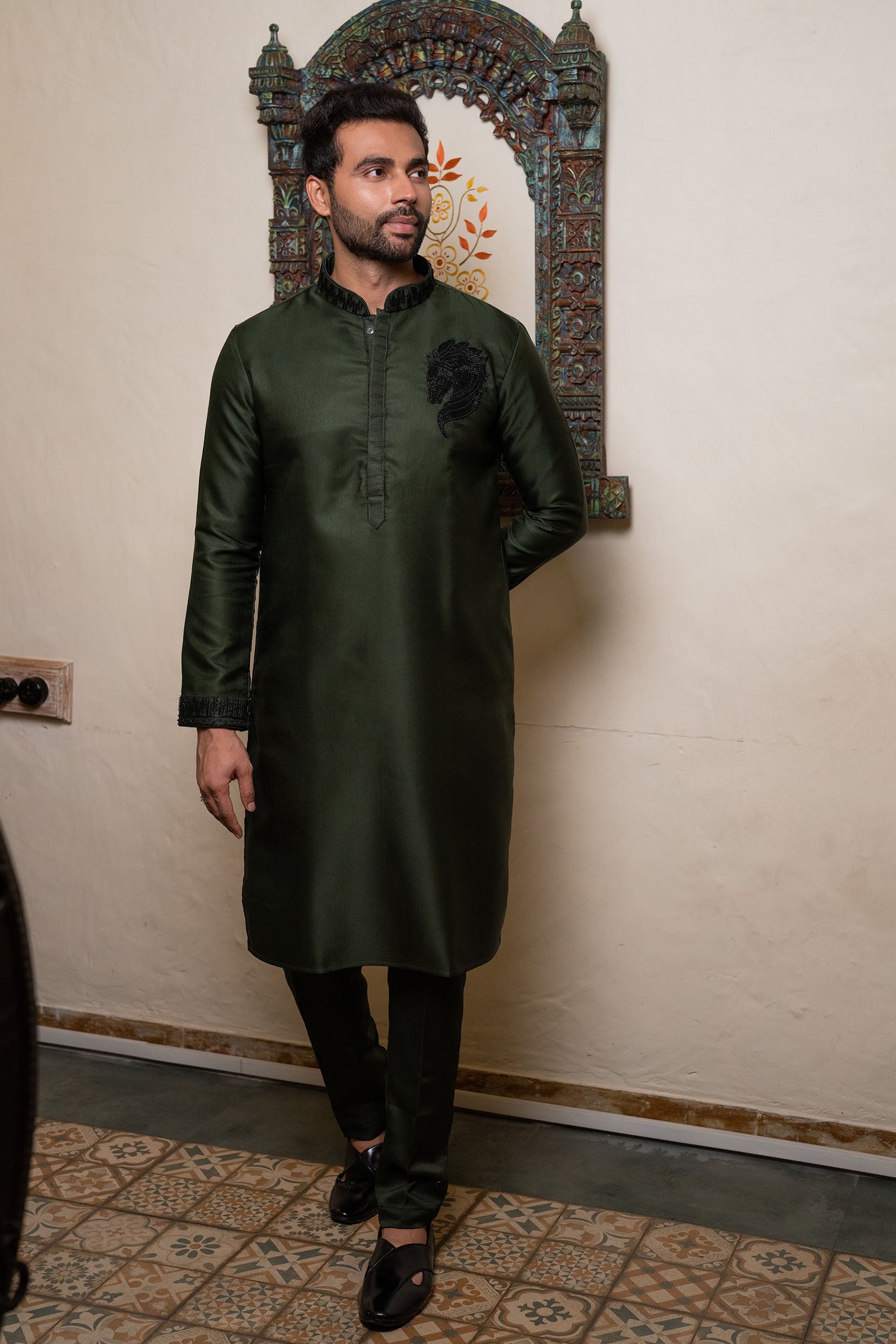 Bottle Green Karan Silk Kurta with Cutdana & Bead Work