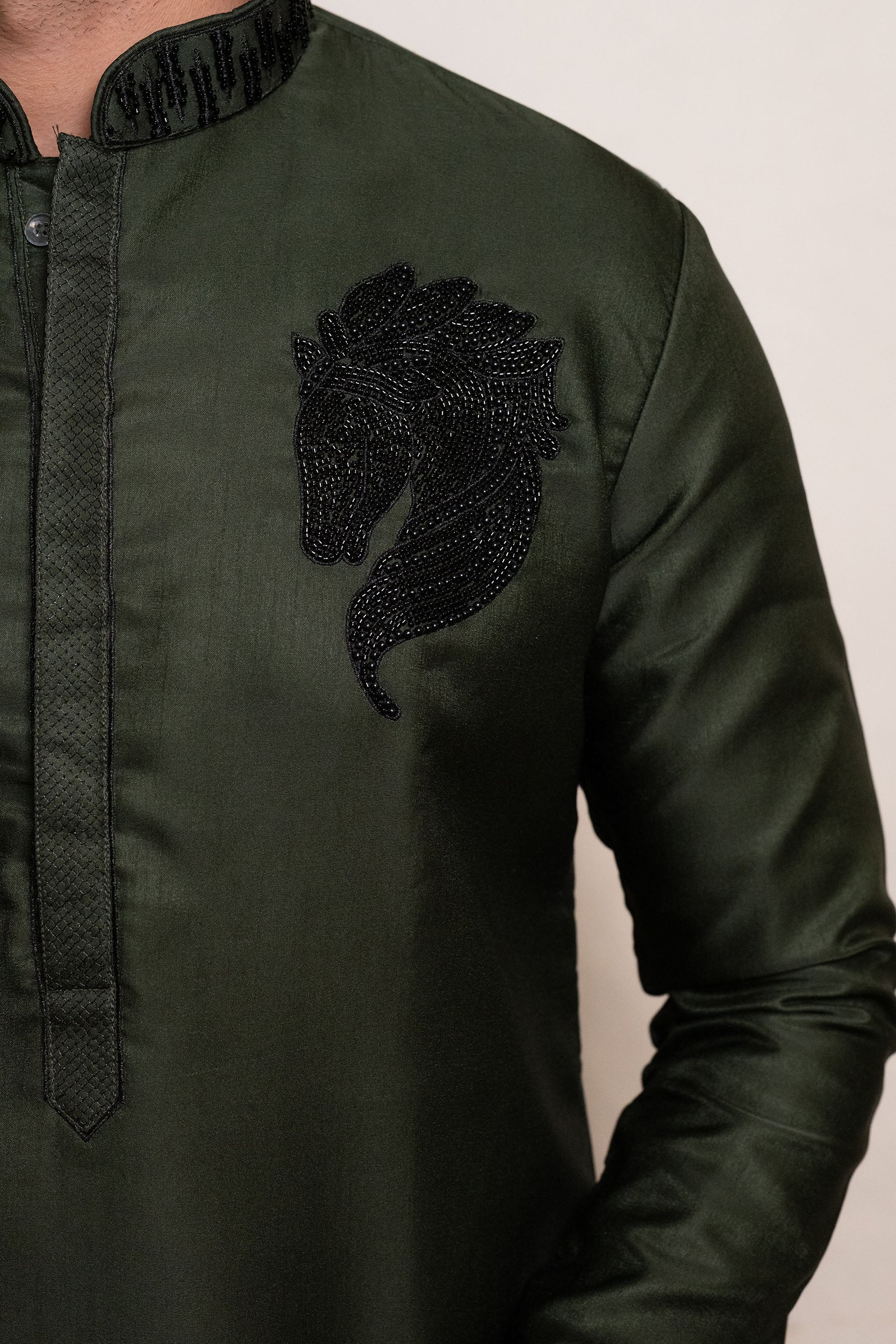Bottle Green Karan Silk Kurta with Cutdana & Bead Work