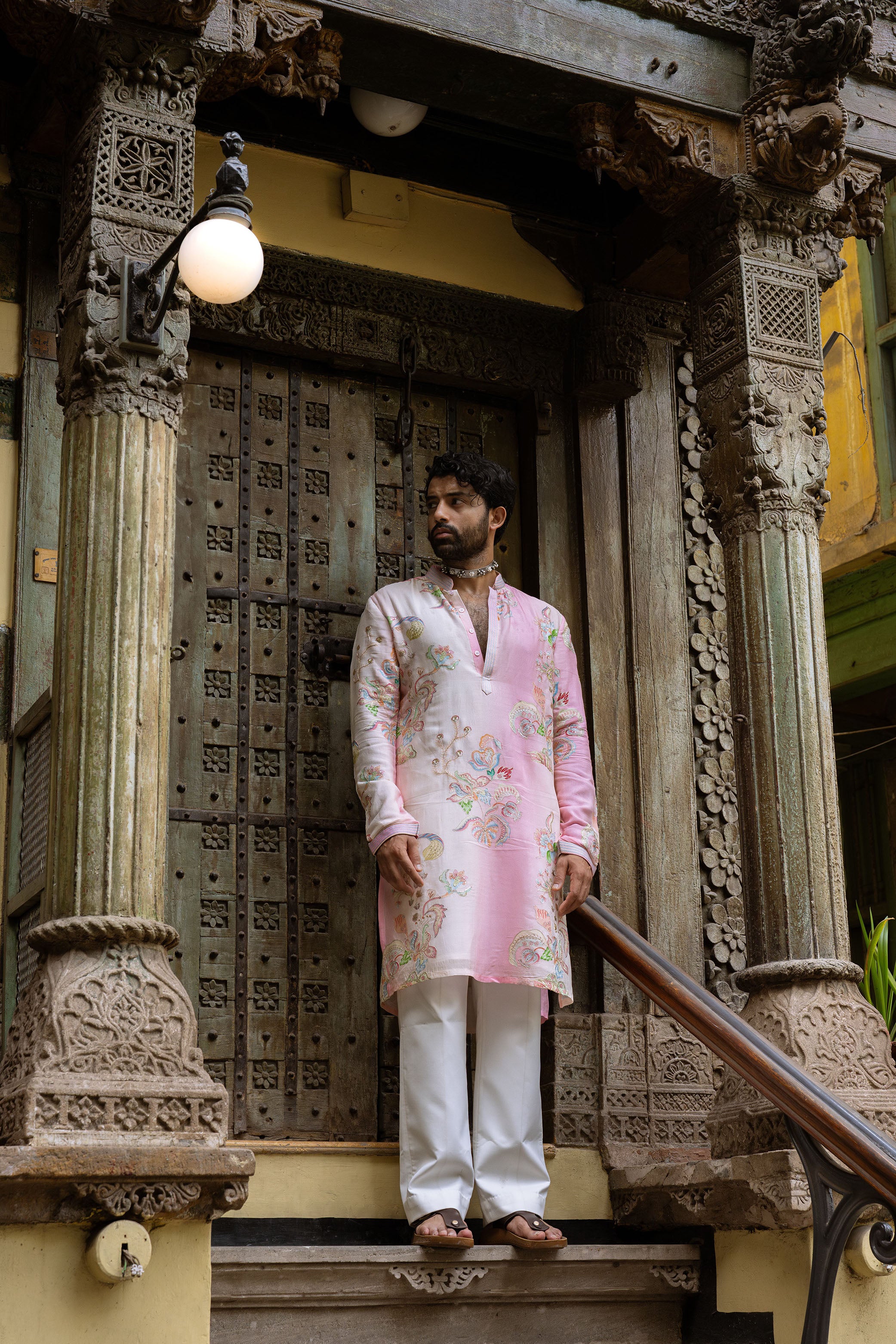Pink White Ombré Pure Silk Kurta with Floral Prints & Khaat Embroidery