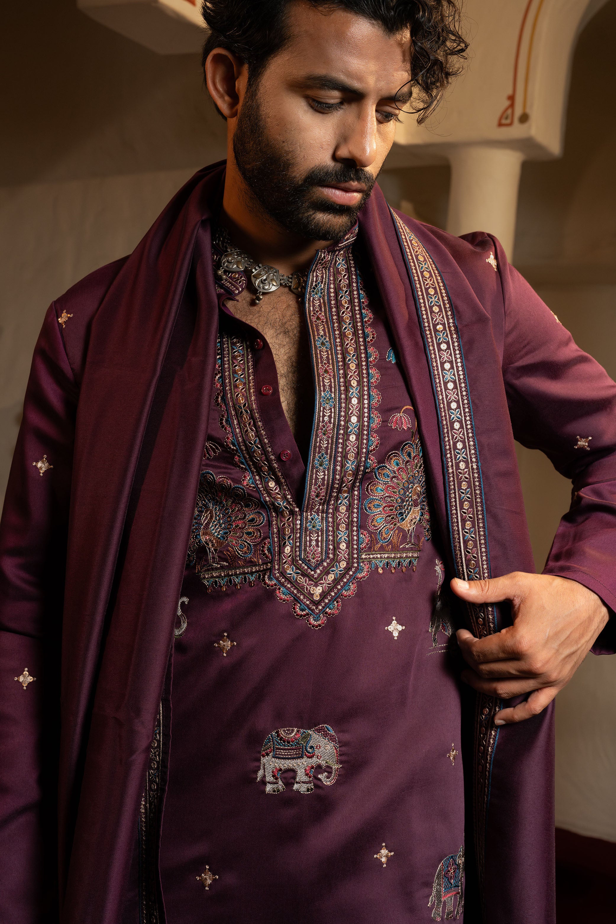 Wine Sherwani for Men with Resham, Bead & Sequence Work