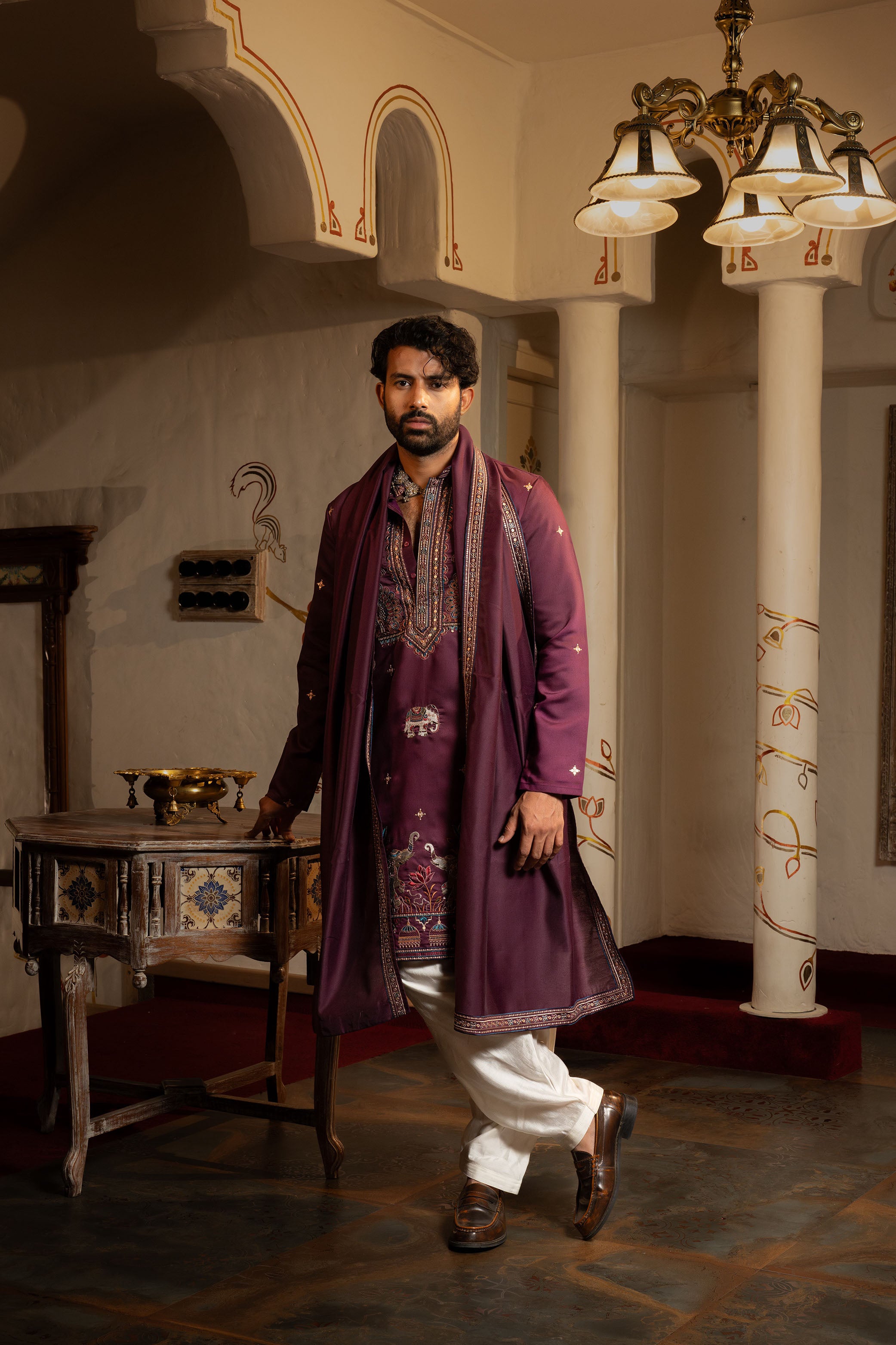 Wine Sherwani for Men with Resham, Bead & Sequence Work