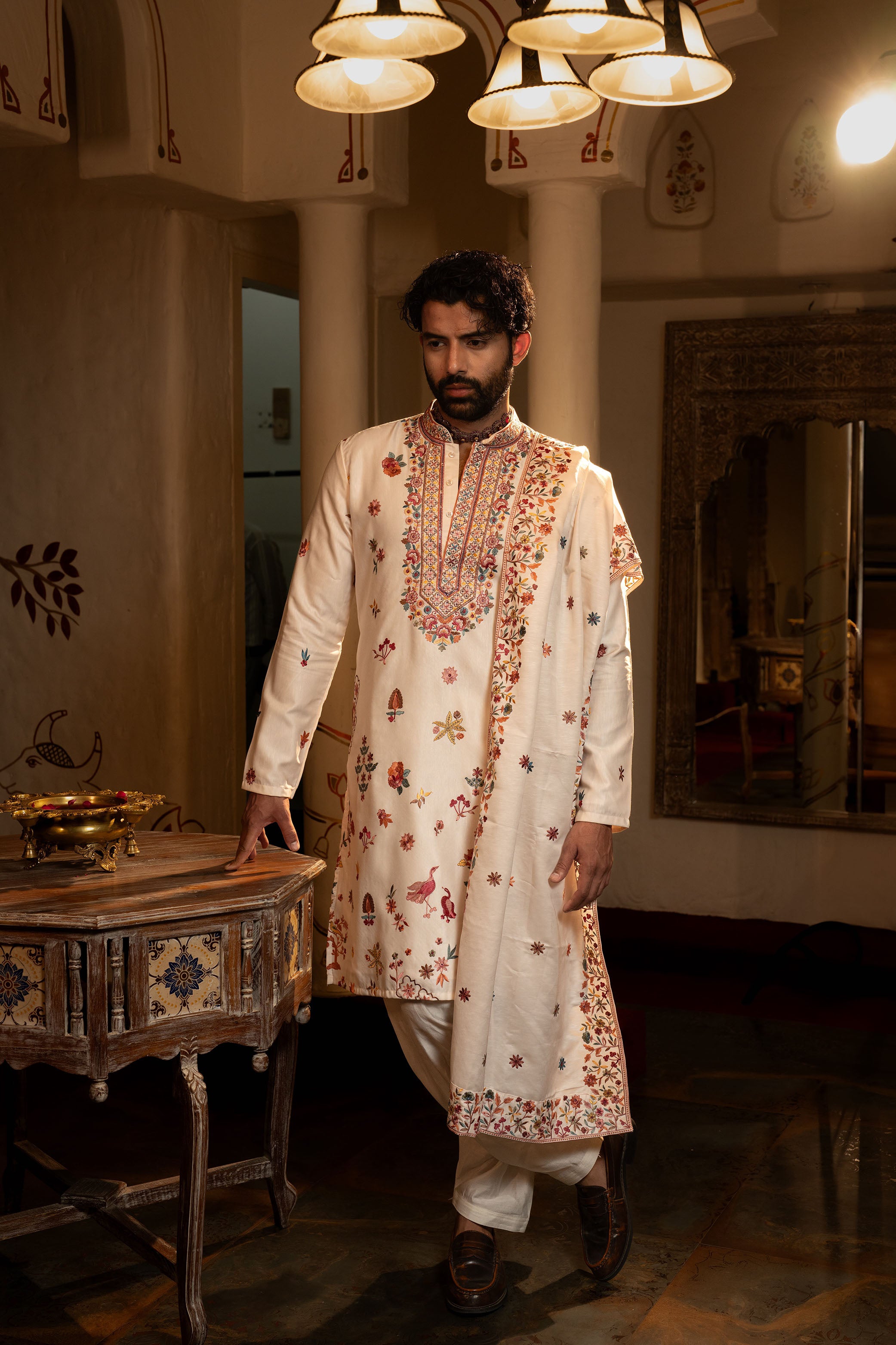 Powder Peach Kurta Set with Multi-Colour Resham & Sequence Work
