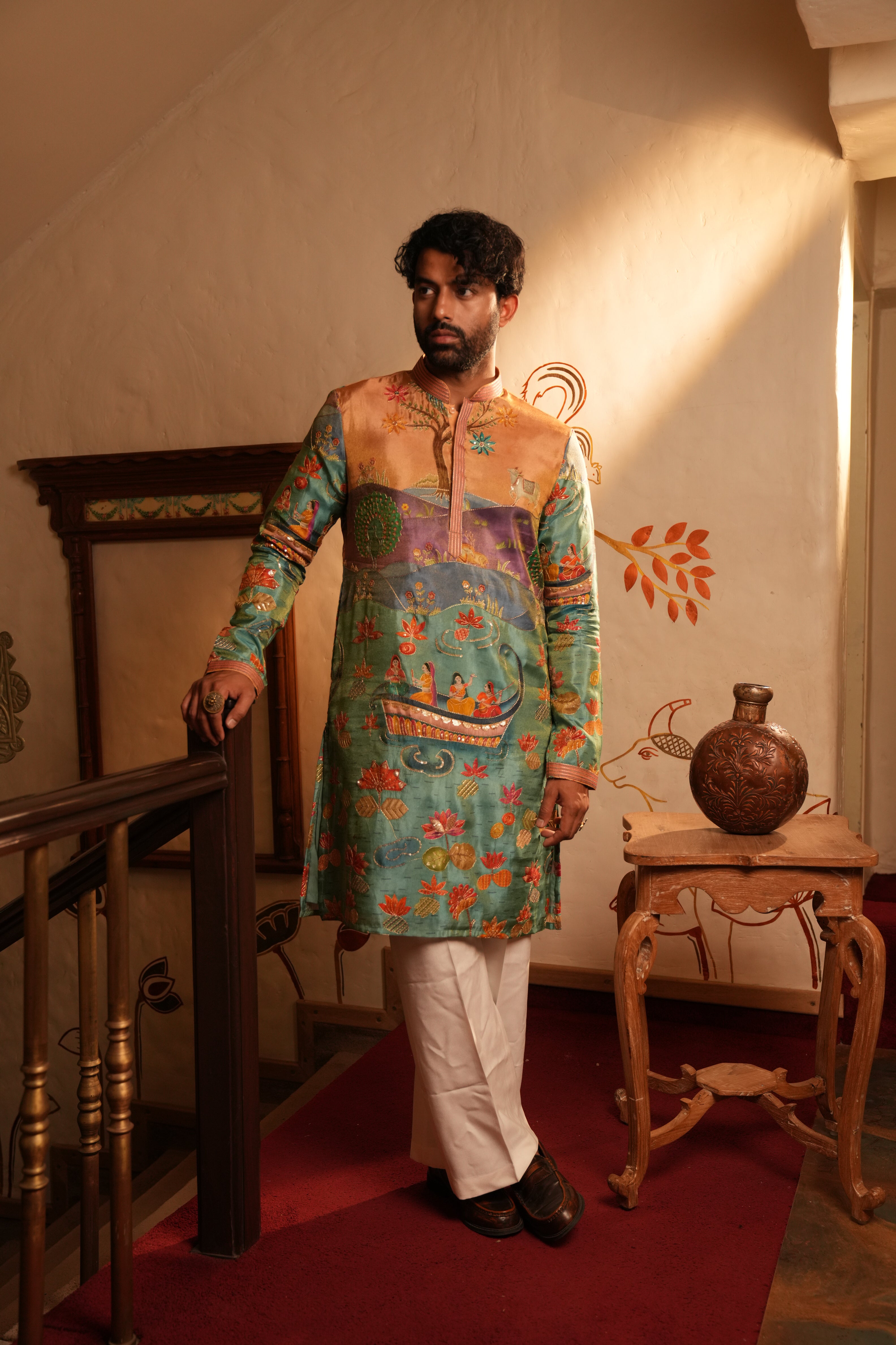 Turquoise Blue & Mustard Tissue Silk Kurta with Worli Print, Kasab Work