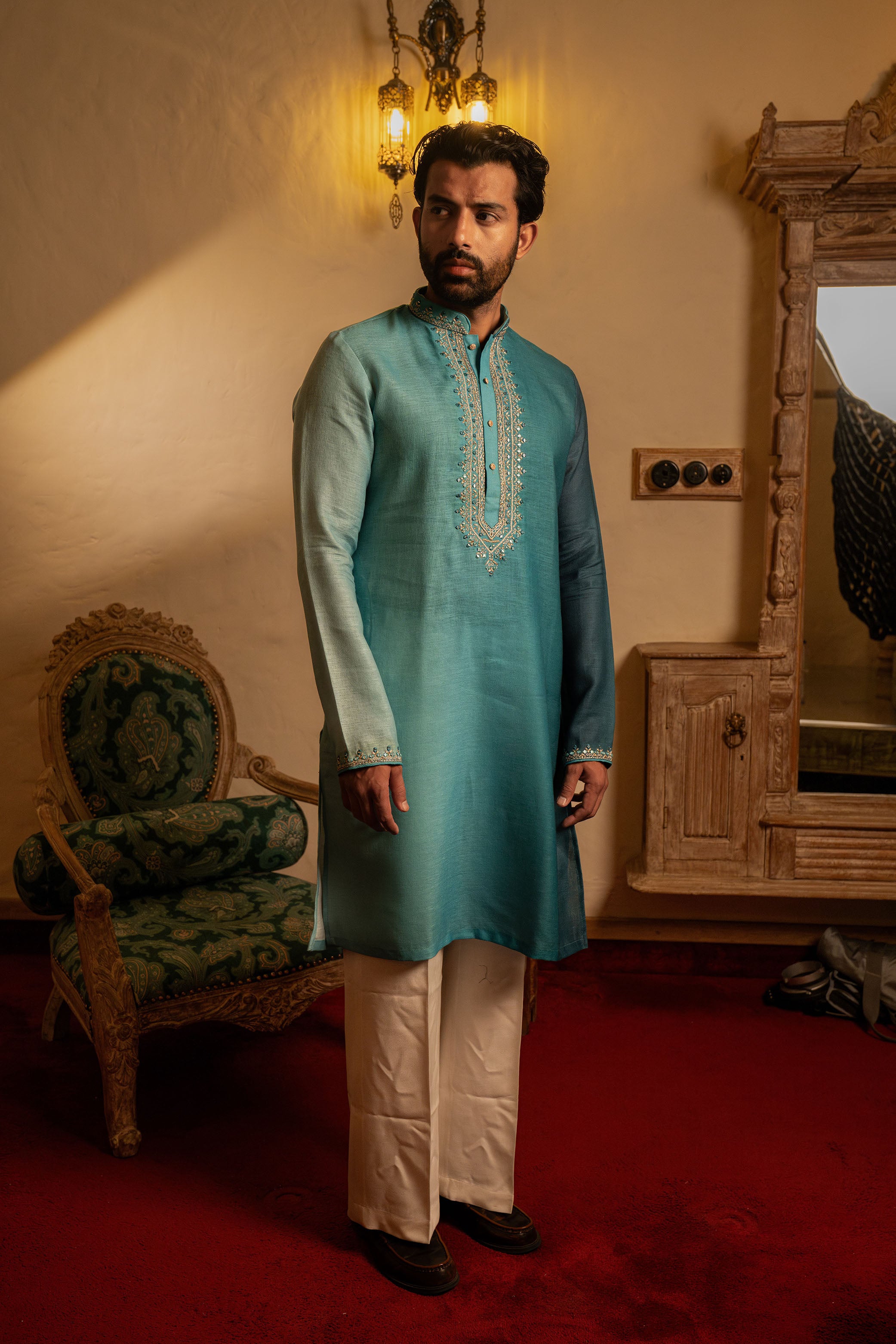 Teal Blue Ombré Pure Silk Kurta with Mirror Work