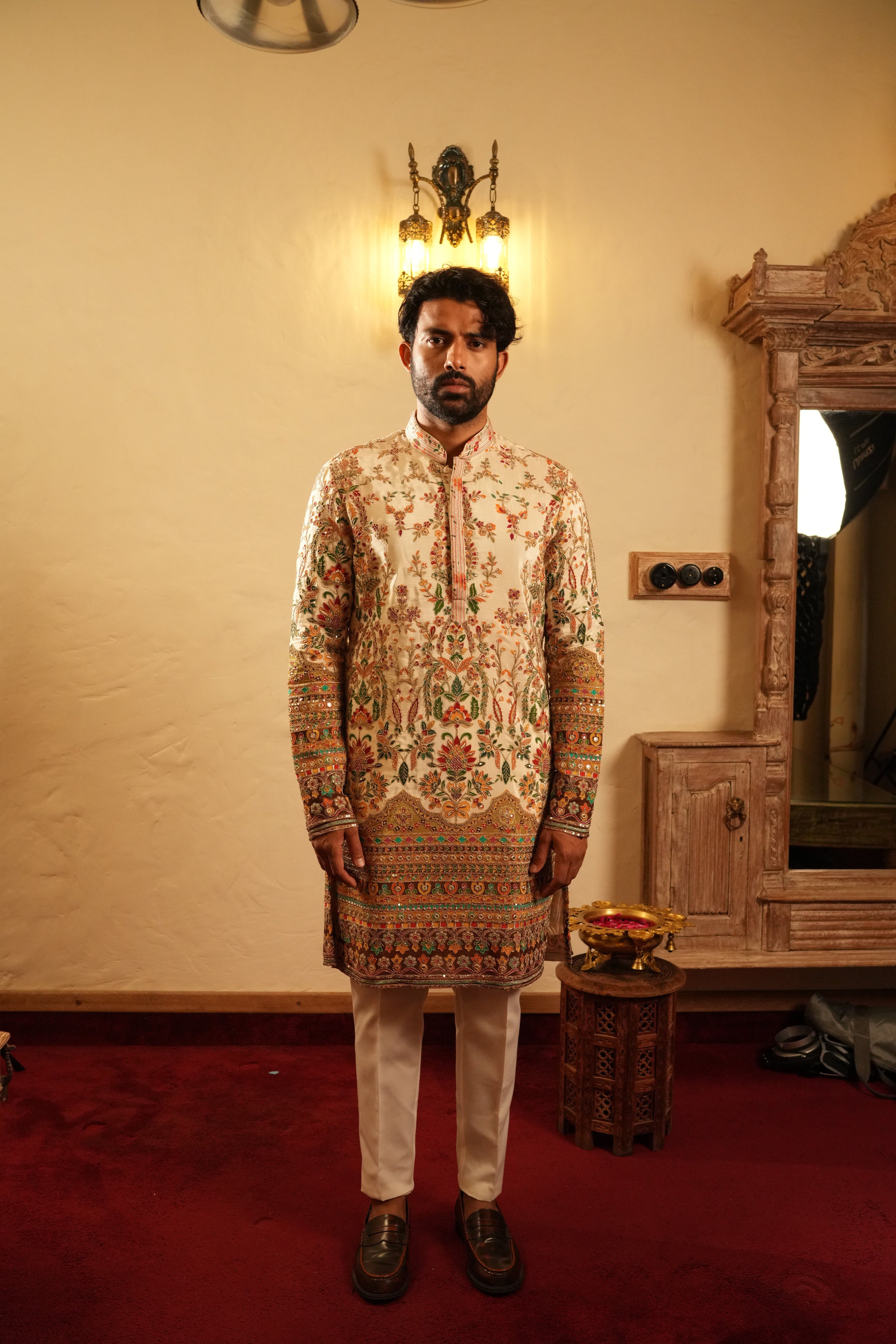 Ivory Multicolour Tissue Silk Kurta with Mughal Floral Print, Kasab & Resham Sequence Work