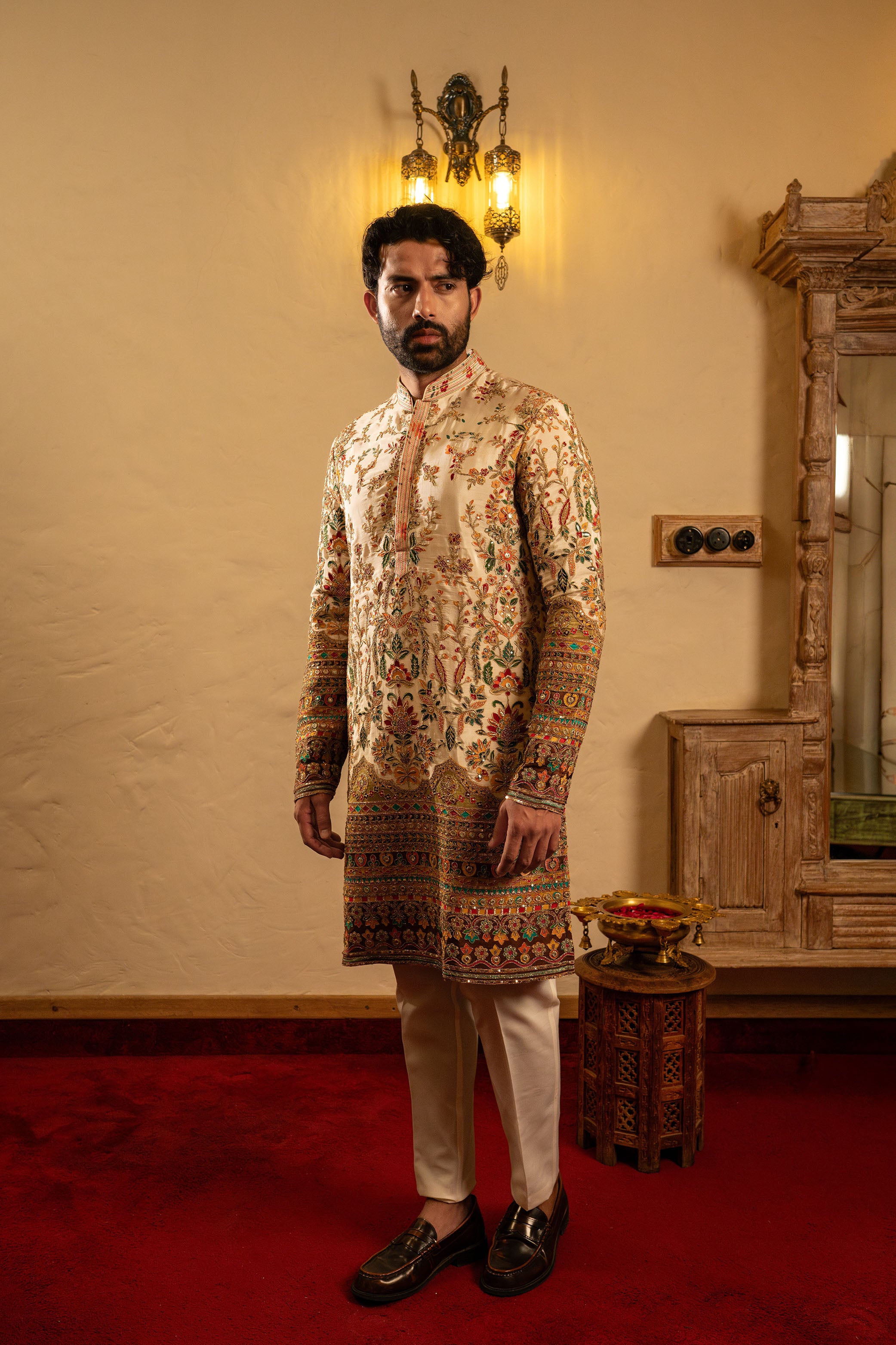 Ivory Multicolour Tissue Silk Kurta with Mughal Floral Print, Kasab & Resham Sequence Work