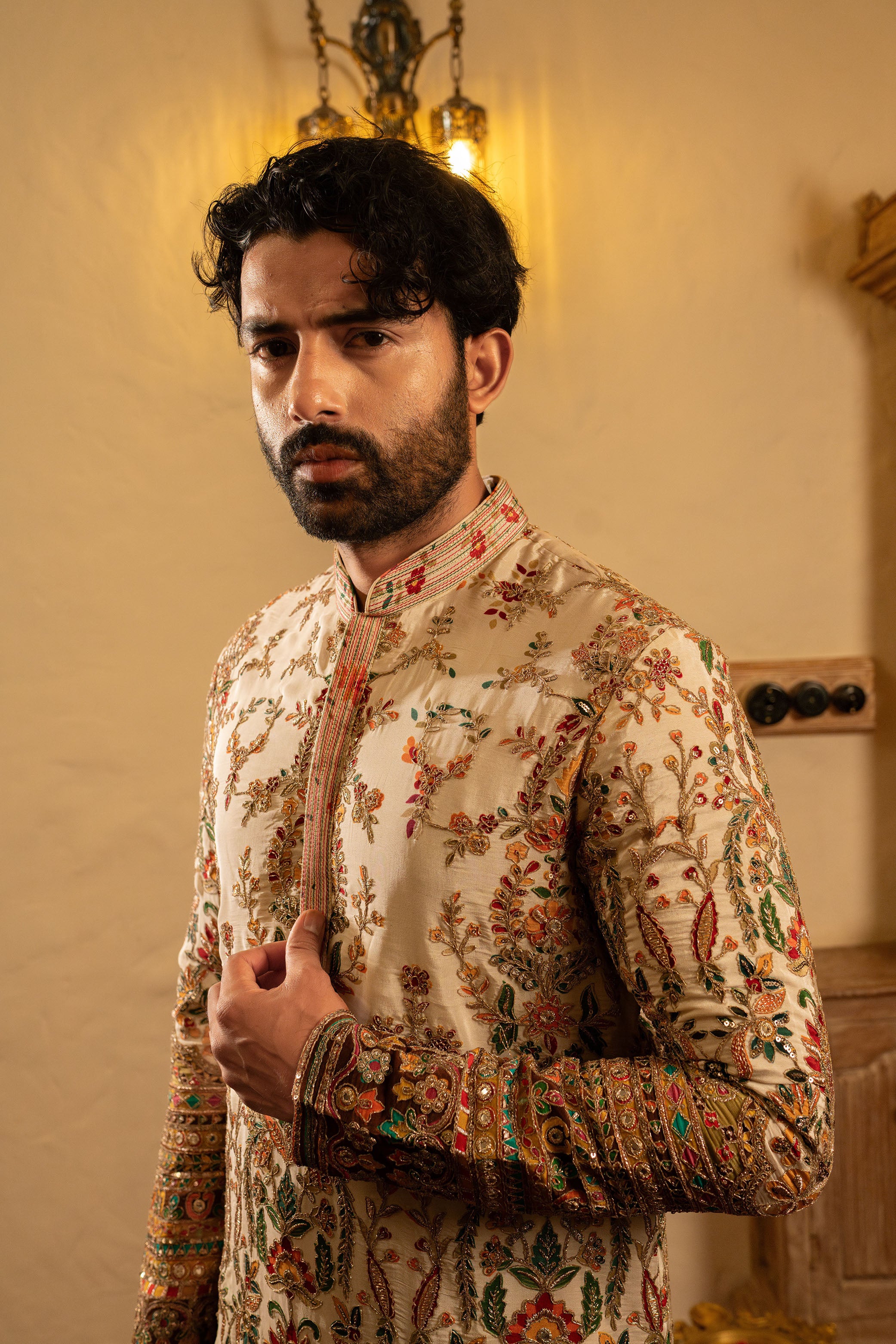 Ivory Multicolour Tissue Silk Kurta with Mughal Floral Print, Kasab & Resham Sequence Work
