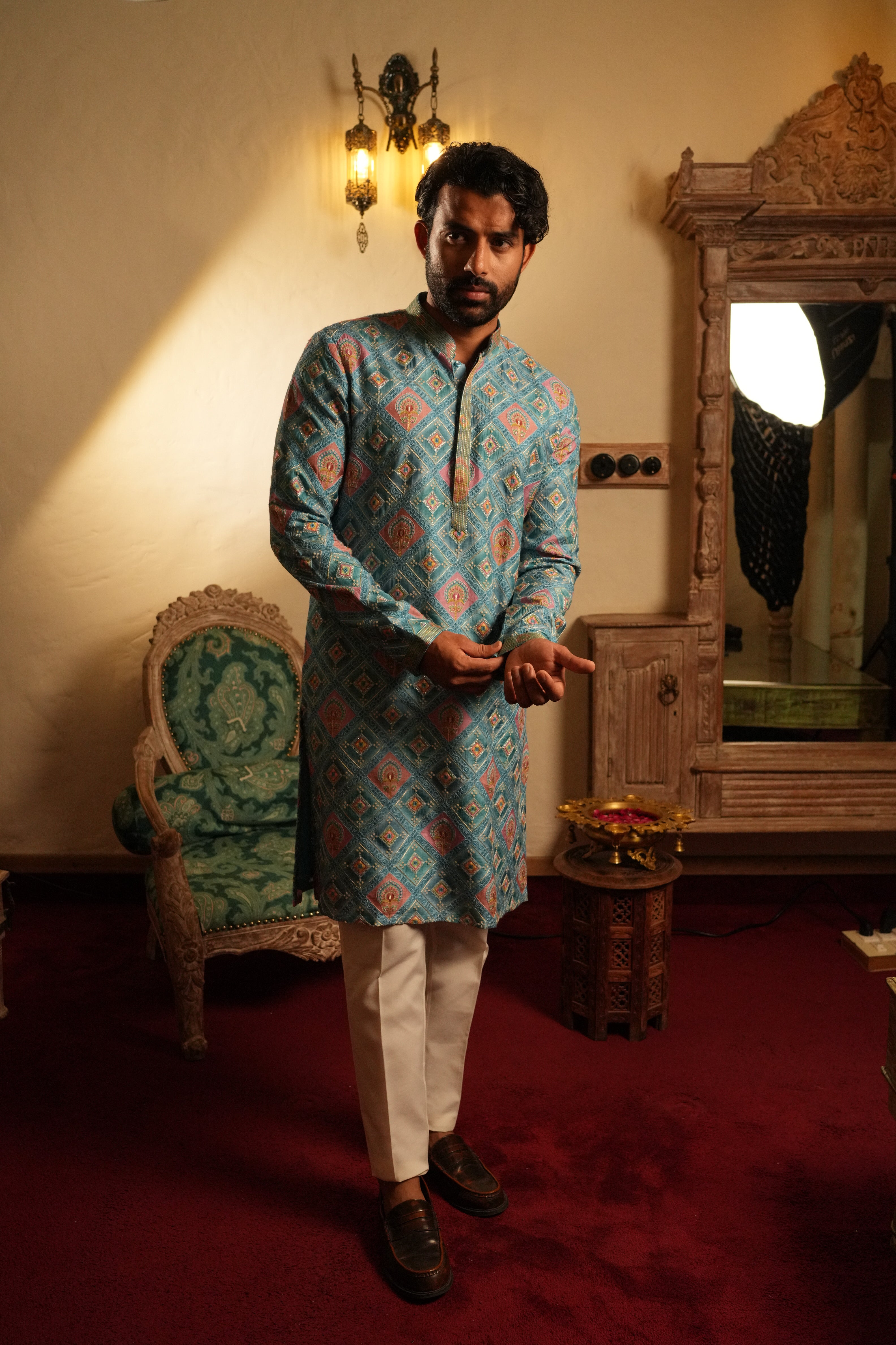 Pastel Blue Chanderi Silk Kurta with Multicolour Print & Resham Embroidery