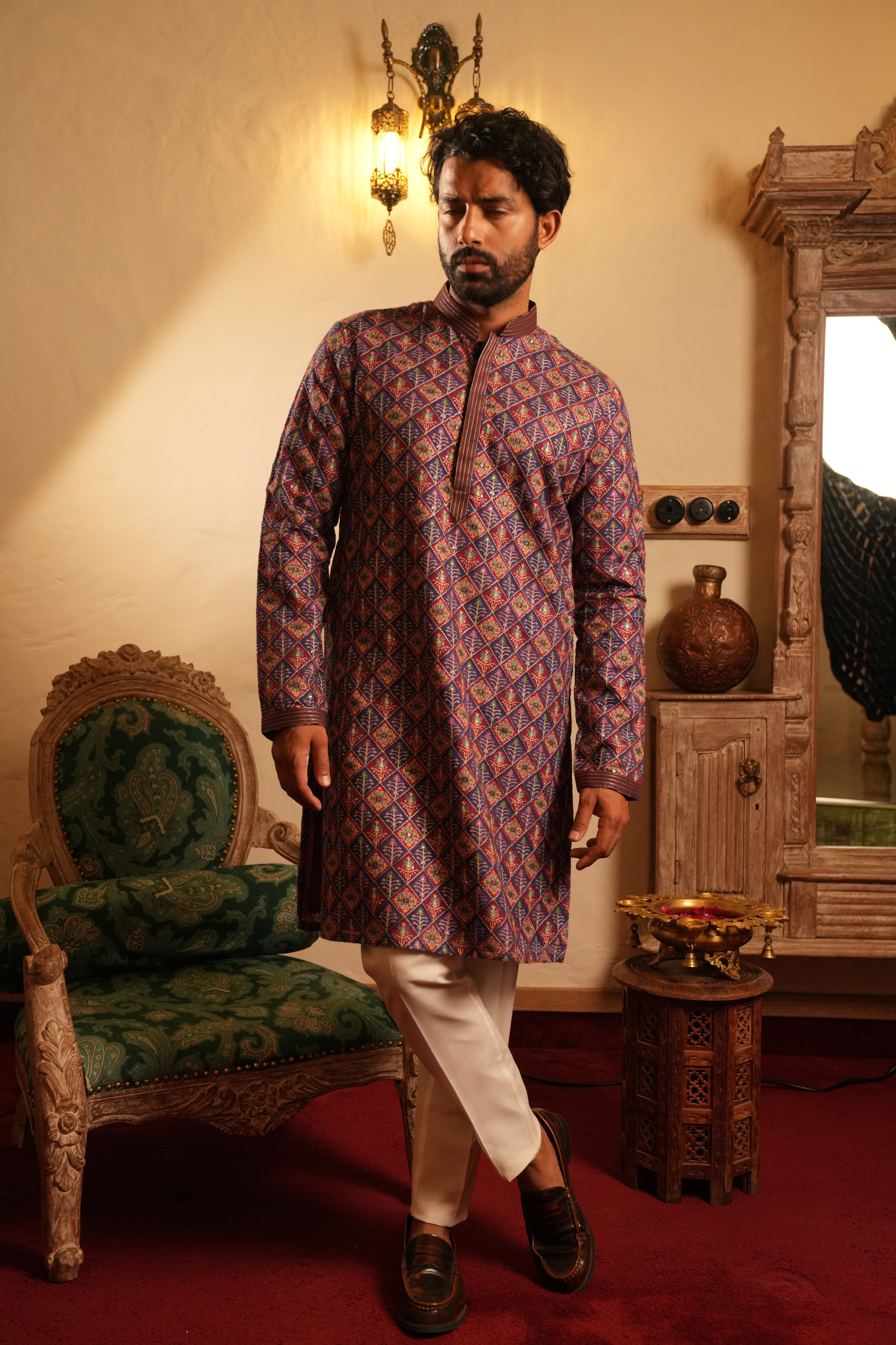 Deep Purple Chanderi Silk Kurta with Multicolor Print & Resham Embroidery