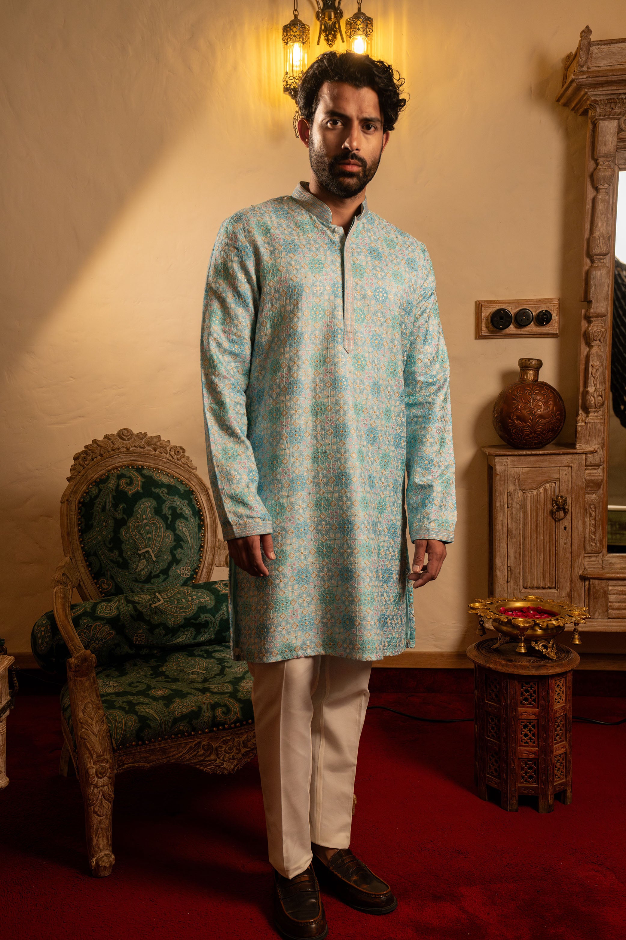 Pastel Blue Pure Silk Kurta with Multicolor Print & Resham Embroidery