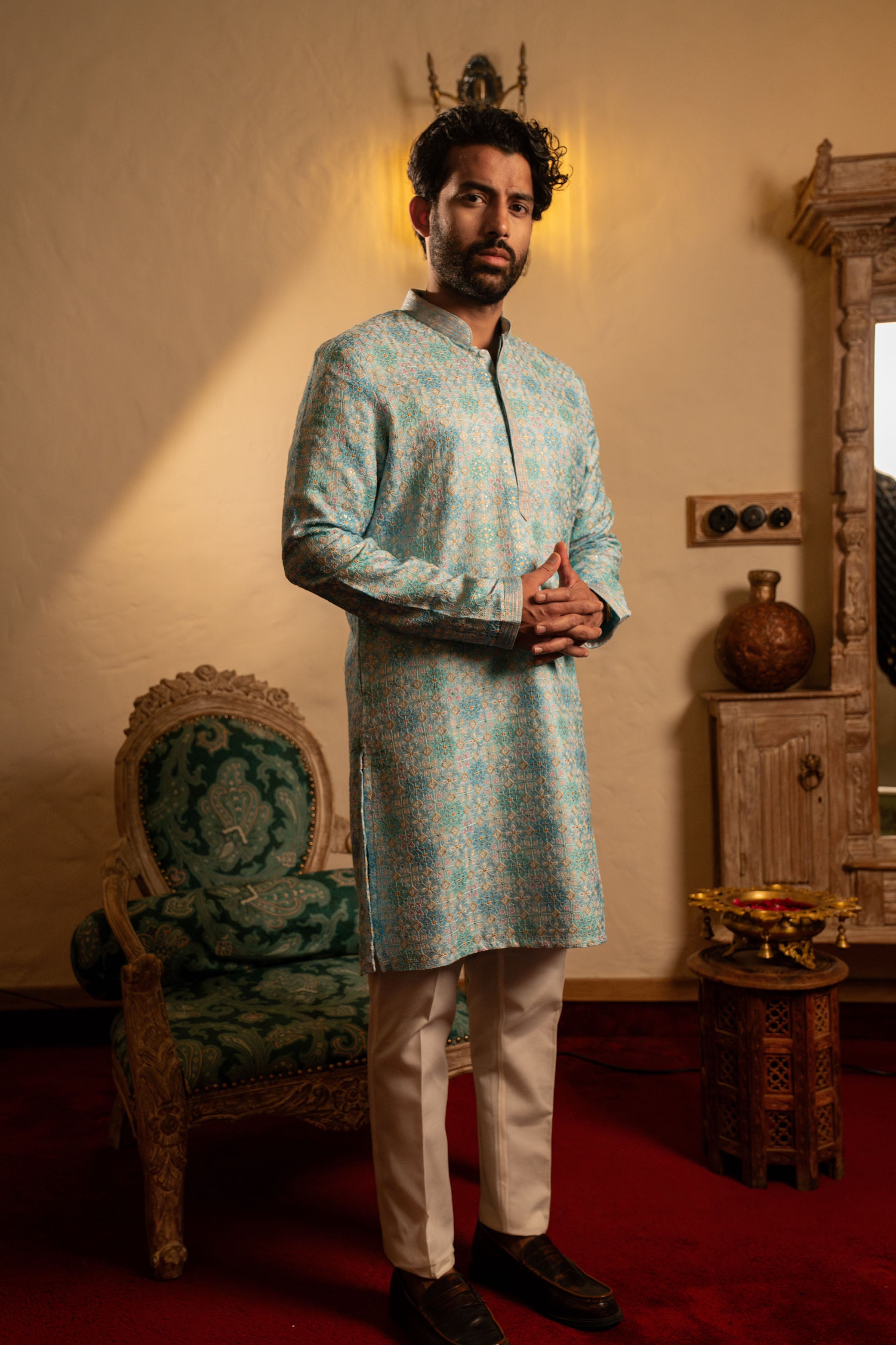 Pastel Blue Pure Silk Kurta with Multicolor Print & Resham Embroidery
