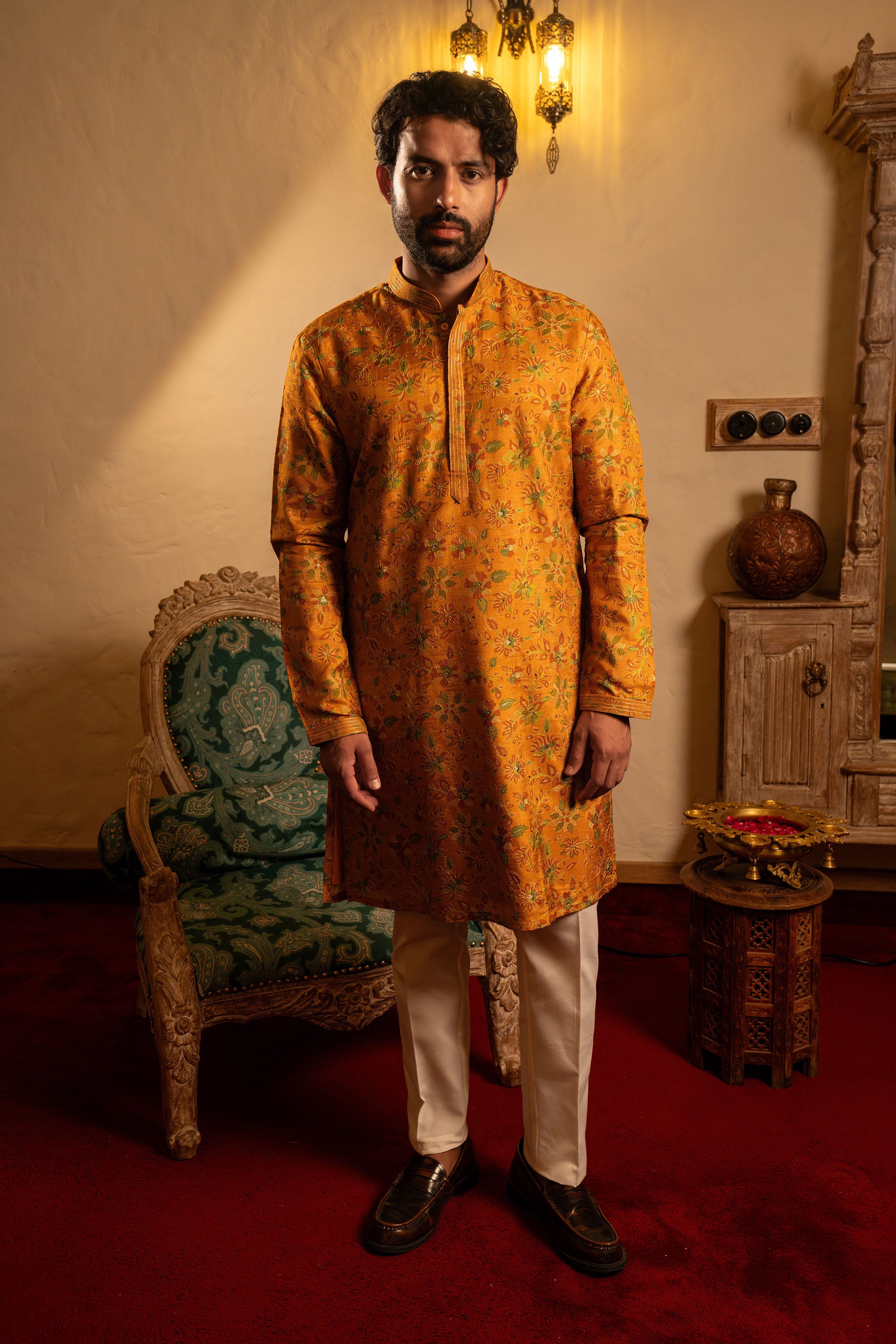 Art Silk Kurta Set with Floral Prints & Resham Embroidery