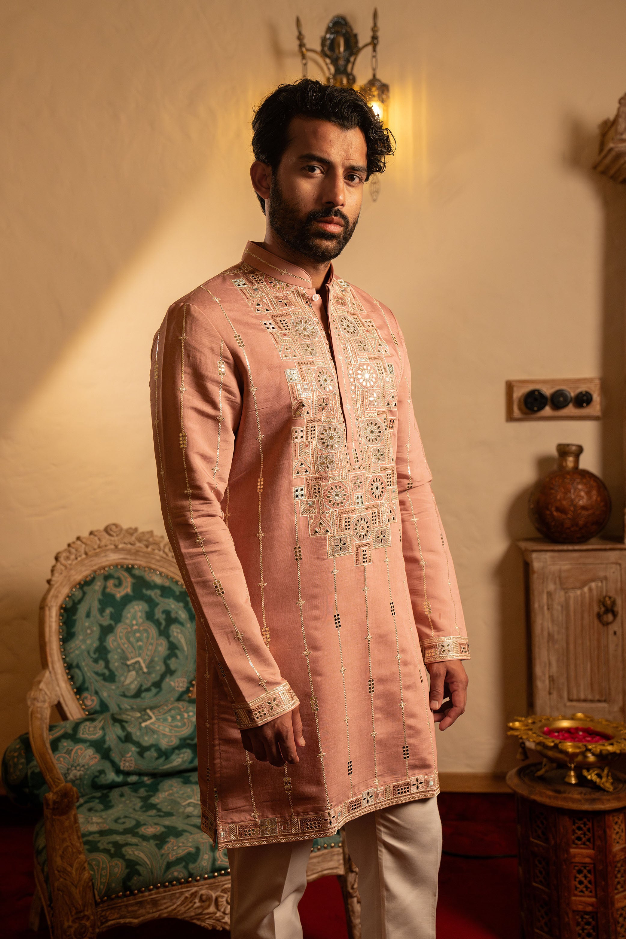 Onion Pink Pure Silk Kurta with Mirror Work, Resham & Sequins Embroidery | Shreema