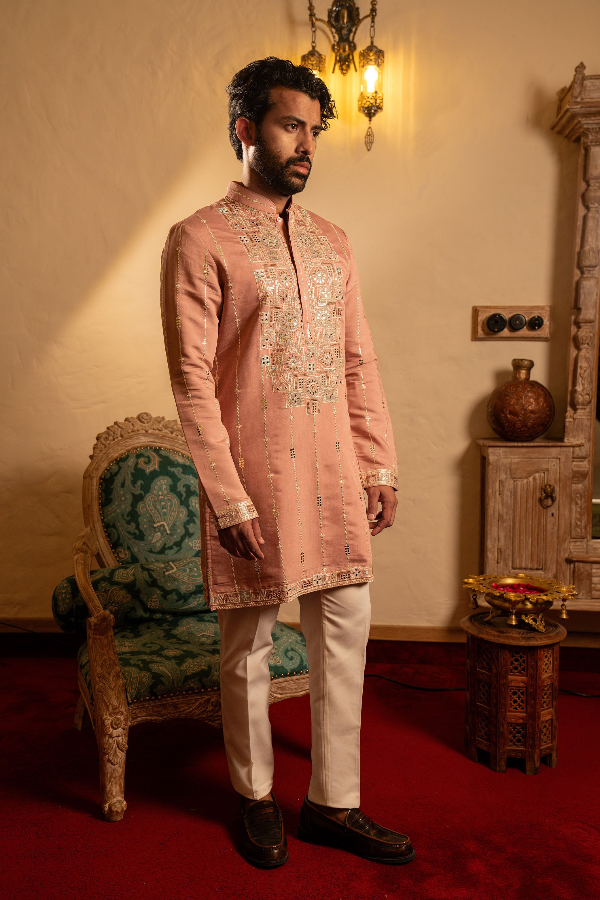 Onion Pink Pure Silk Kurta with Mirror Work, Resham & Sequins Embroidery | Shreema