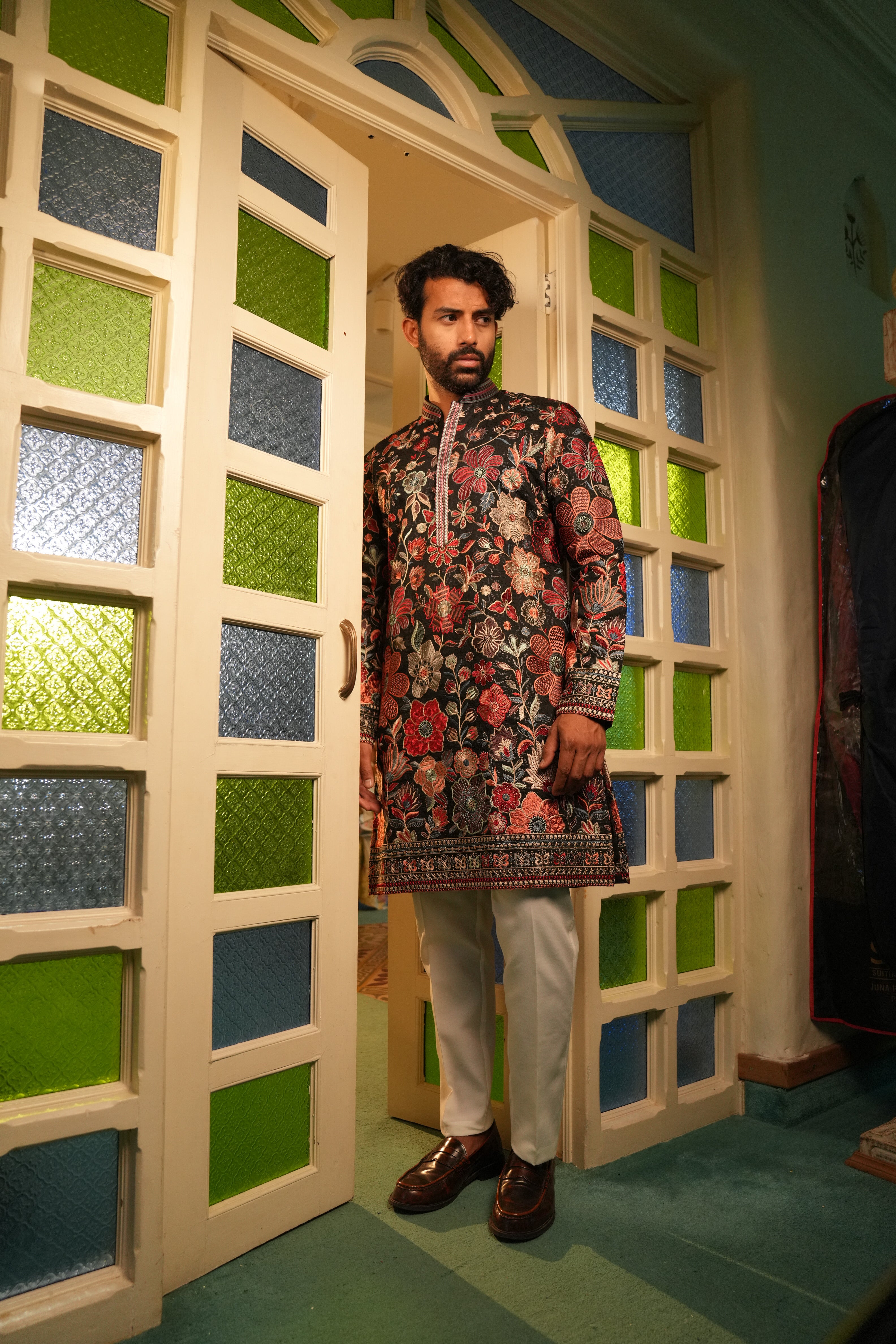 Black Pure Silk Kurta with Multicolor Floral Resham & Sequence Work