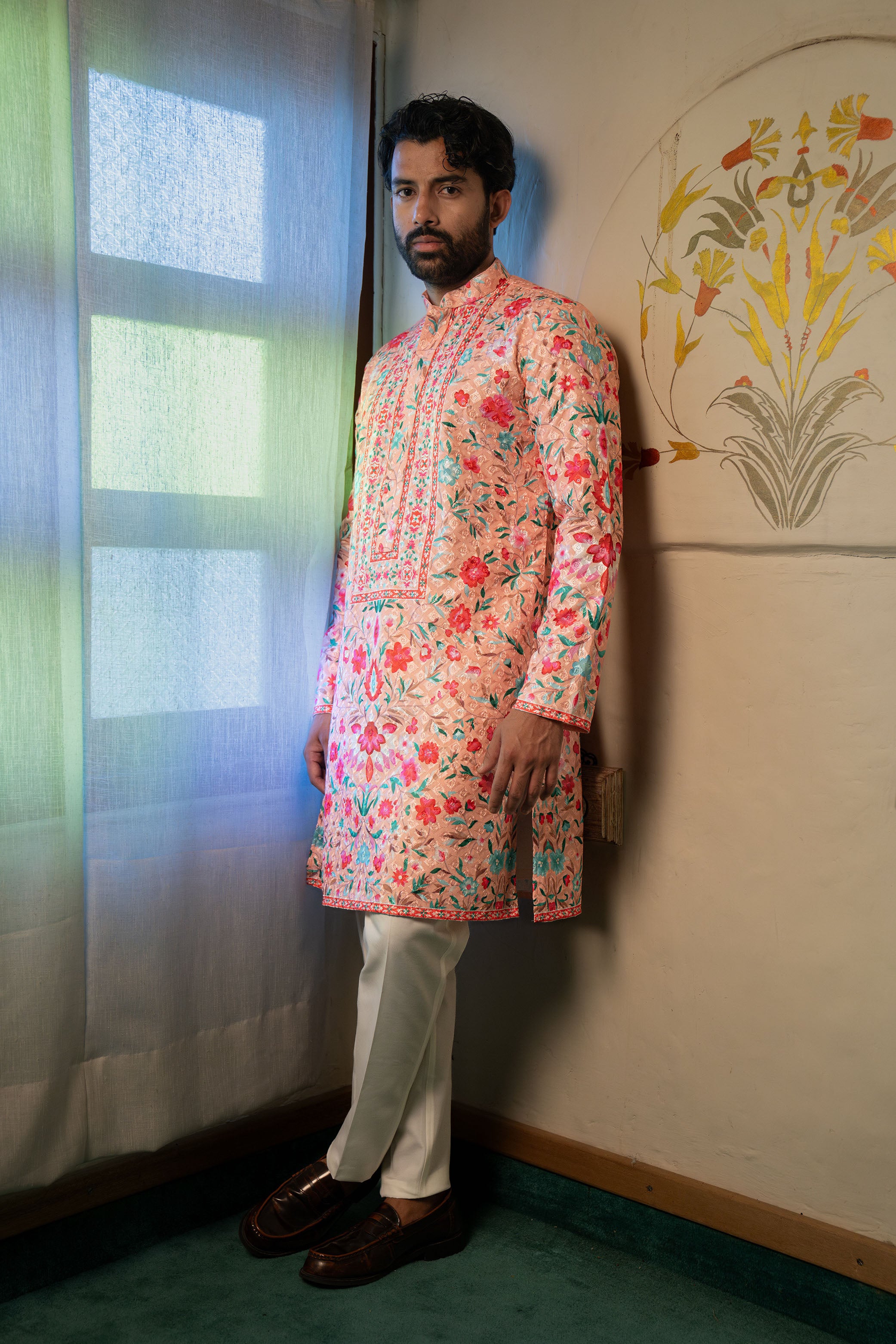 Pastel Peach Lucknawi Silk Kurta with Multicolor Floral Prints