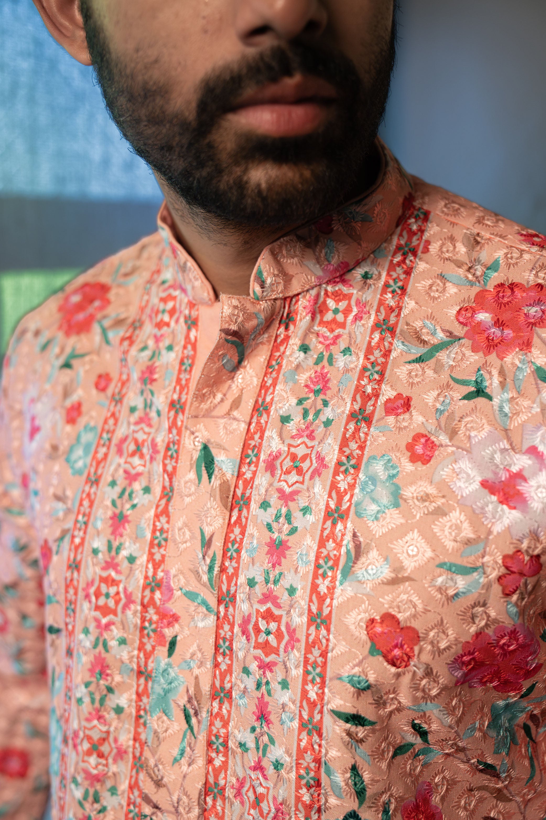 Pastel Peach Lucknawi Silk Kurta with Multicolor Floral Prints