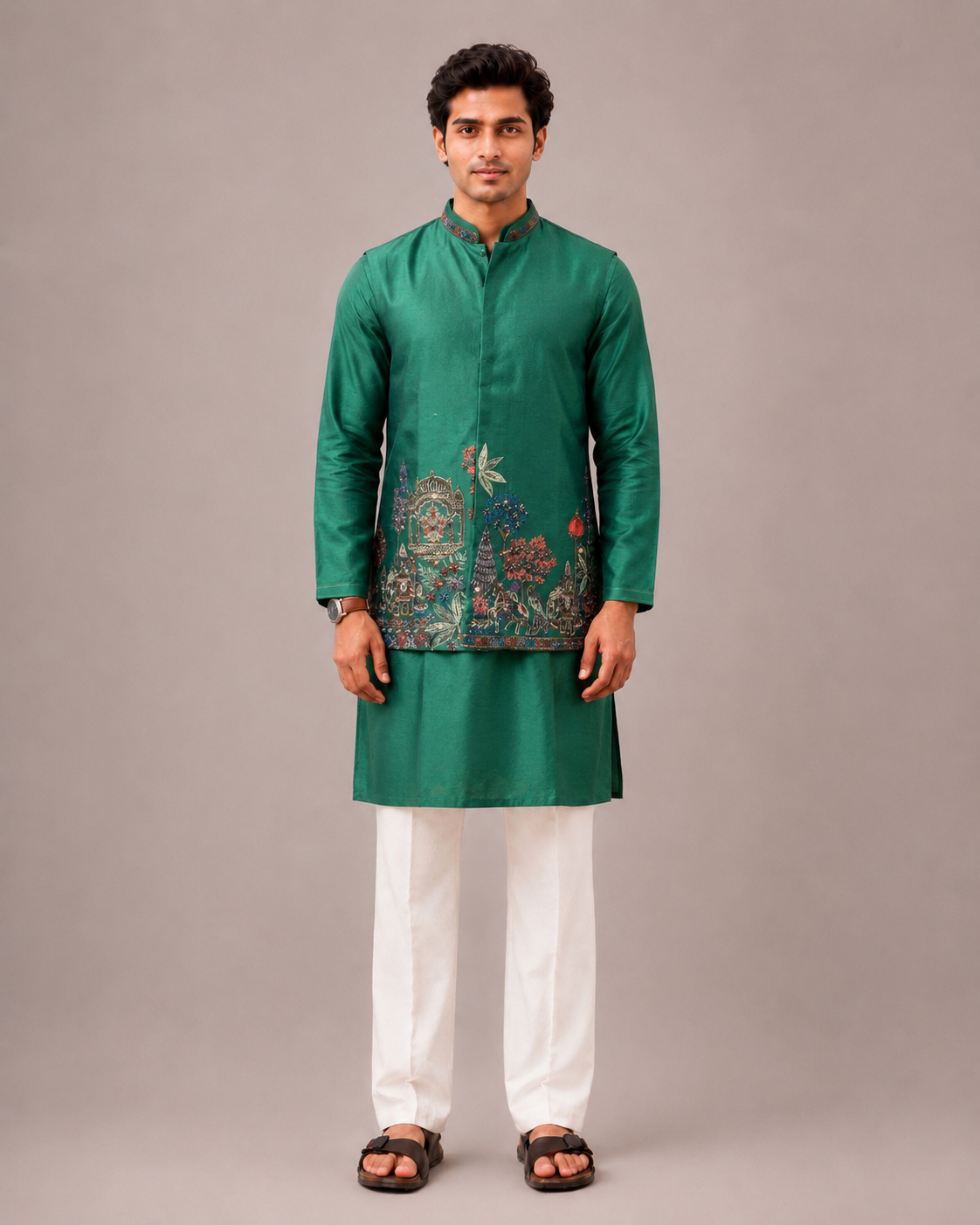Dark Green Banarasi Silk Jacket Set with Hand Embroidery Work