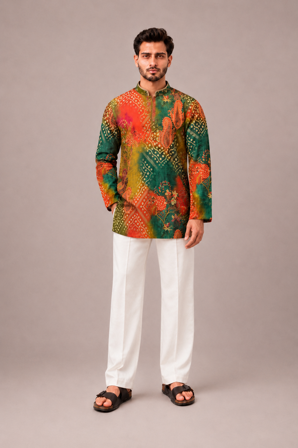 Rama Silk Kurta Set with V Neck Print Work