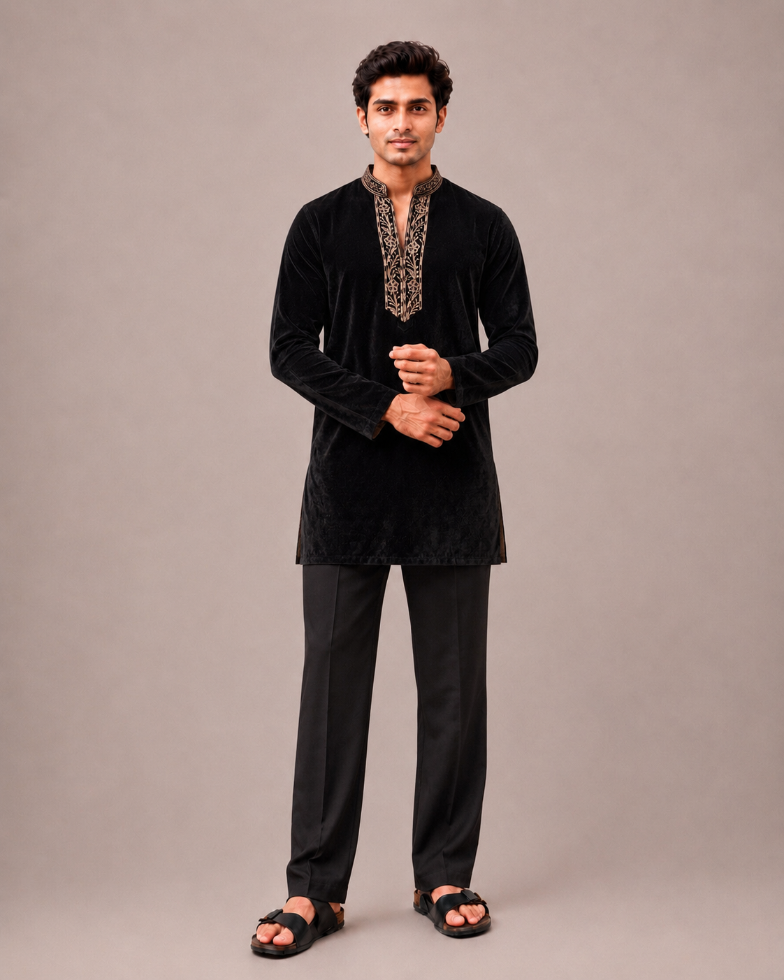 Blue Velvet Kurta Set with V-Neck Machine Embroidery Work