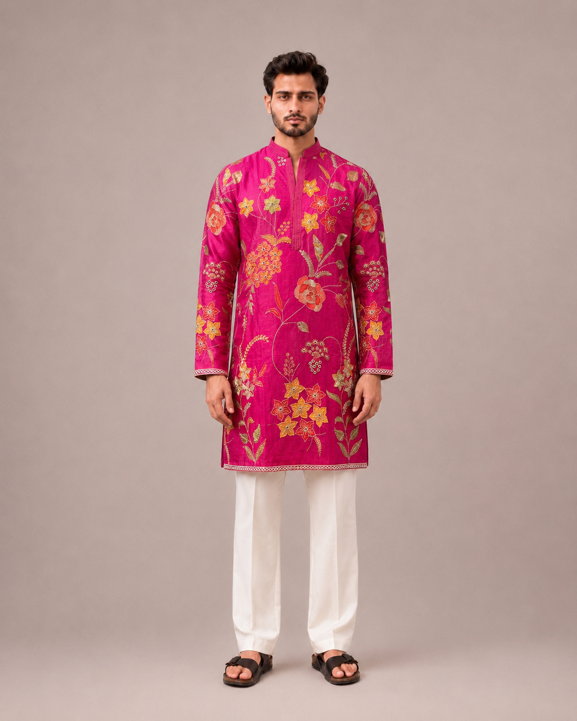 Rani Silk Kurta Set with Machine Embroidery Work