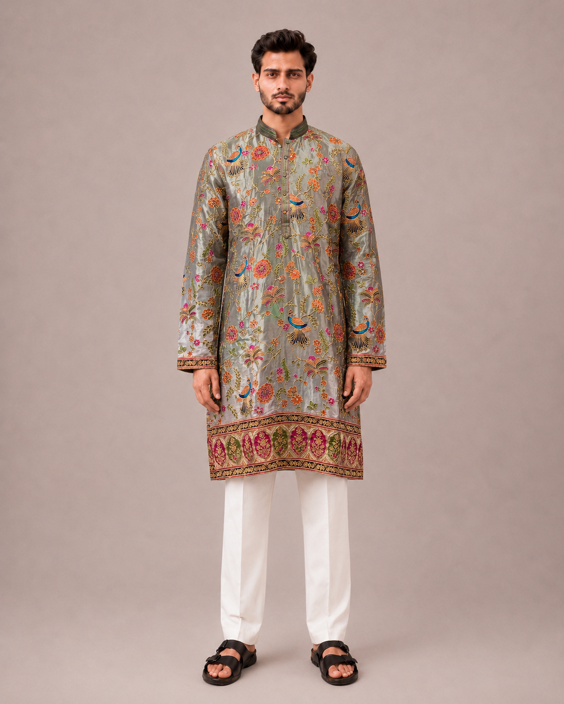 Grey Silk Kurta Set with Machine Thread Embroidery Work