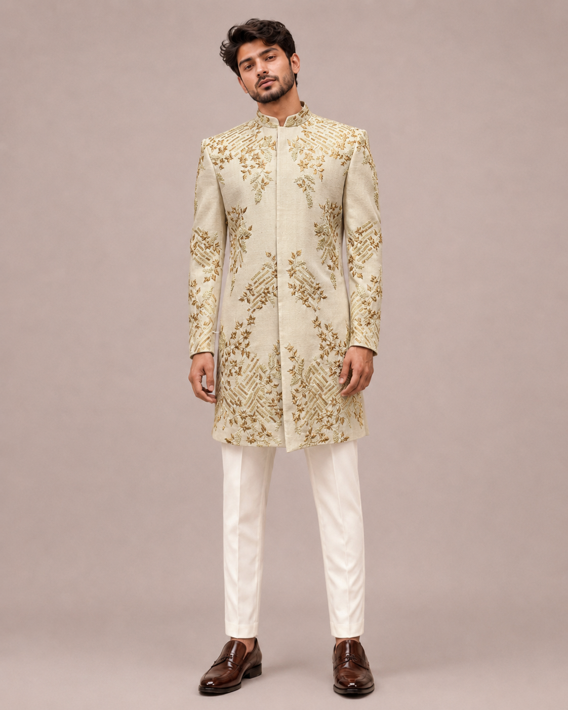 Gold Pure Raw Silk Indo Western for Men with Hand Work