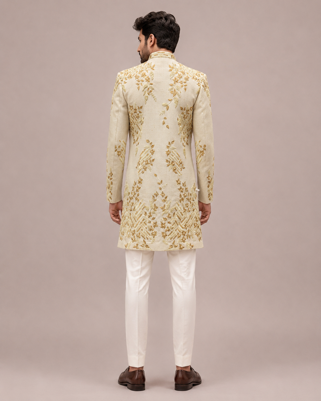 Gold Pure Raw Silk Indo Western for Men with Hand Work