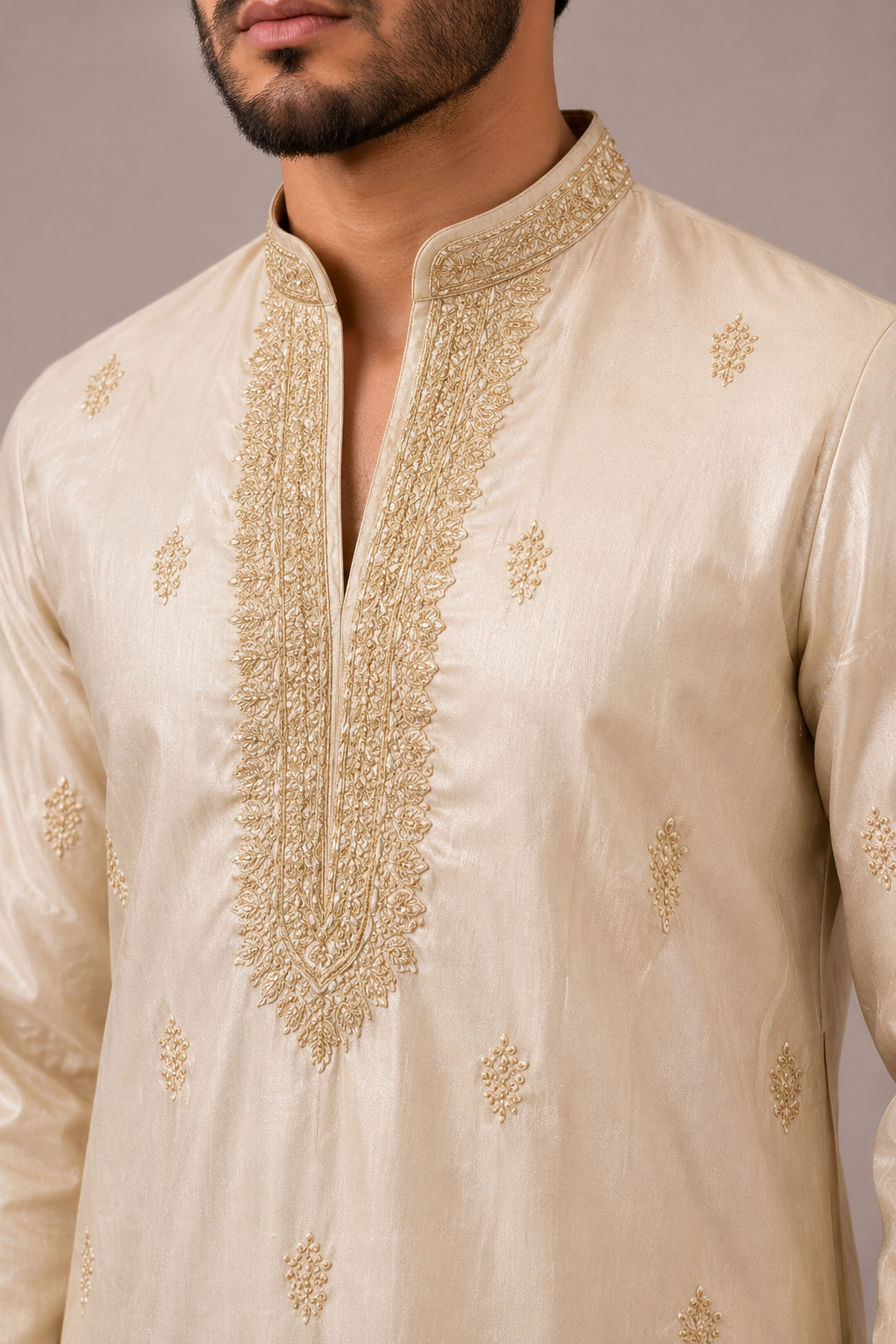 Gold Silk Kurta Set with Hand and Machine Thread Work