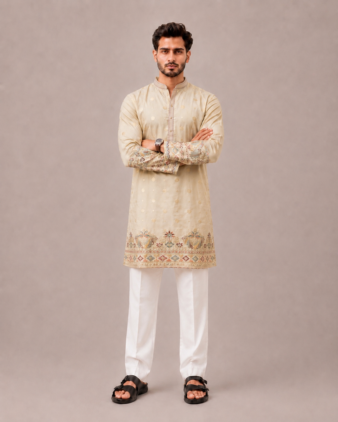 Gold Silk Kurta Set with Resham Thread Computer Embroidery Work